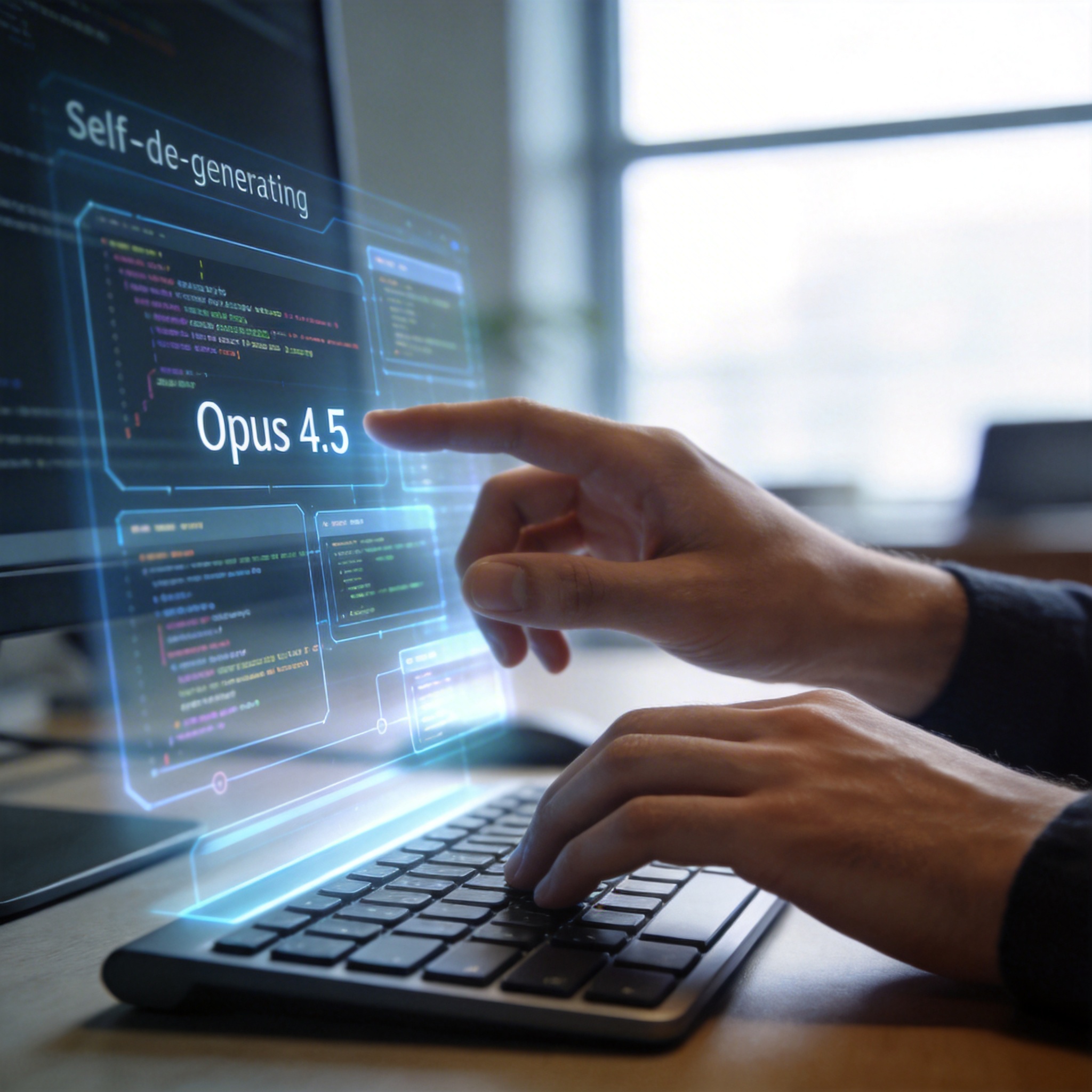 Developer interacting with a holographic interface showing AI-generated code modules, representing advanced programming capabilities.