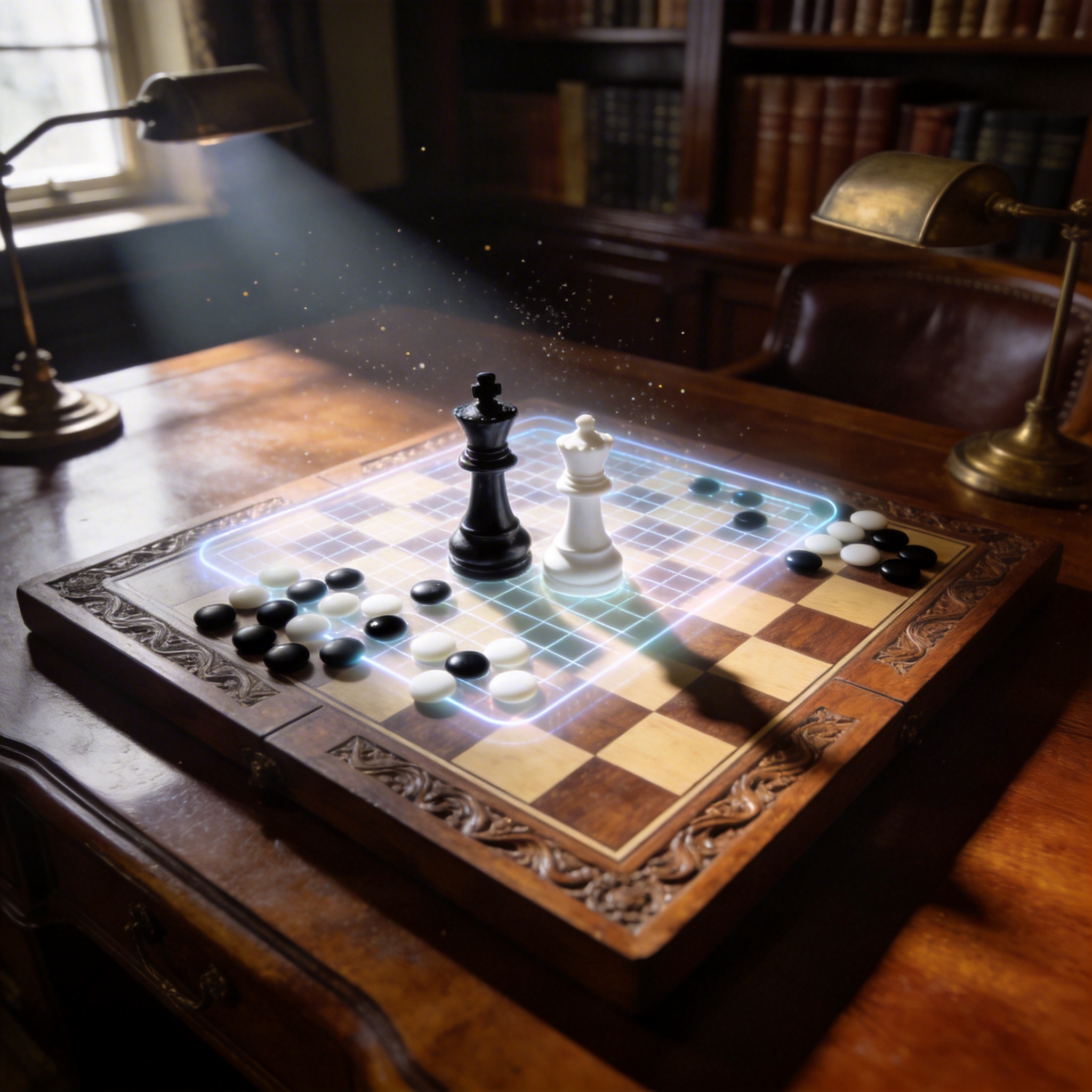Chessboard partially overlaid with a Go board, representing historical AI milestones.