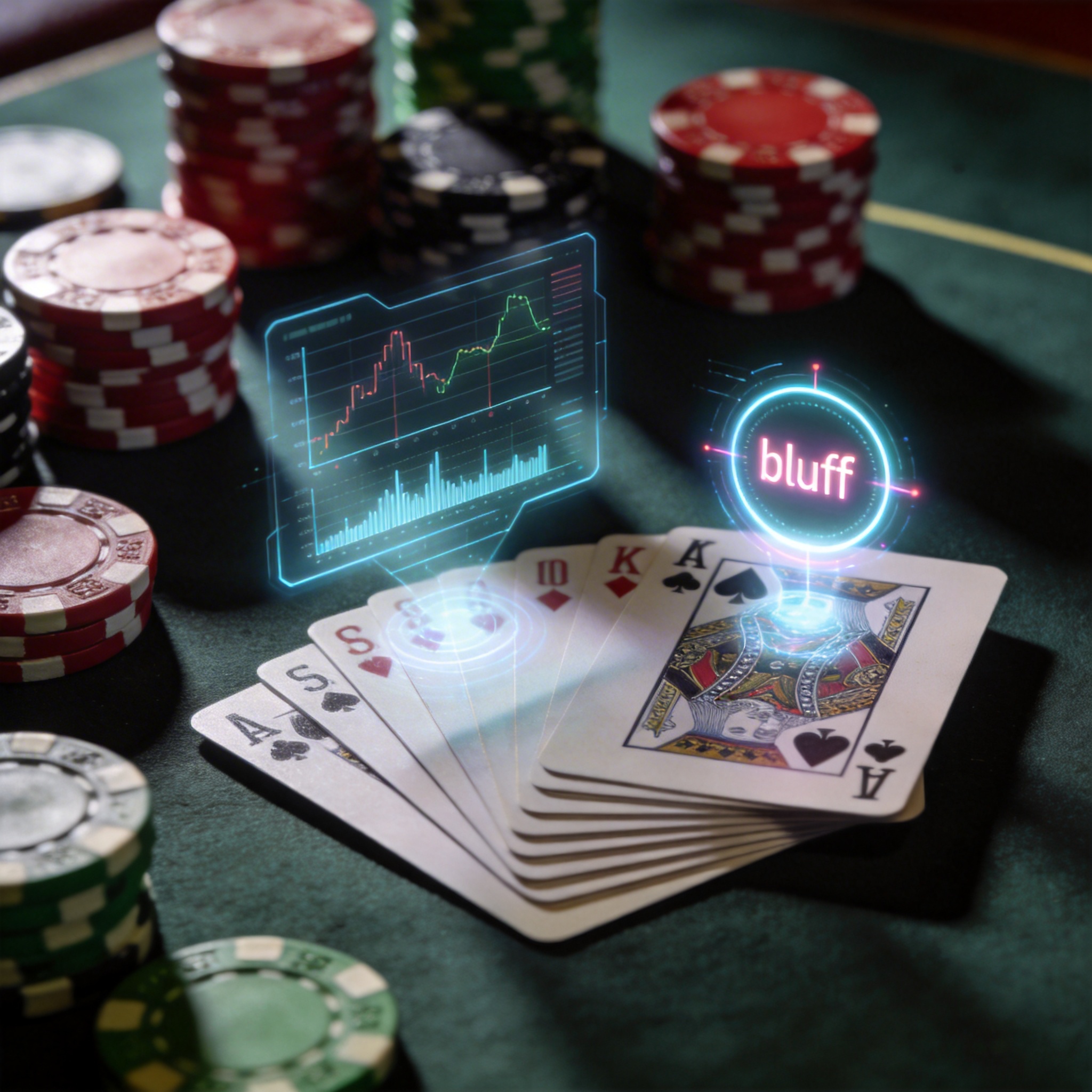 AI interfaces interacting with poker cards and chips, symbolizing AI's ability to bluff.