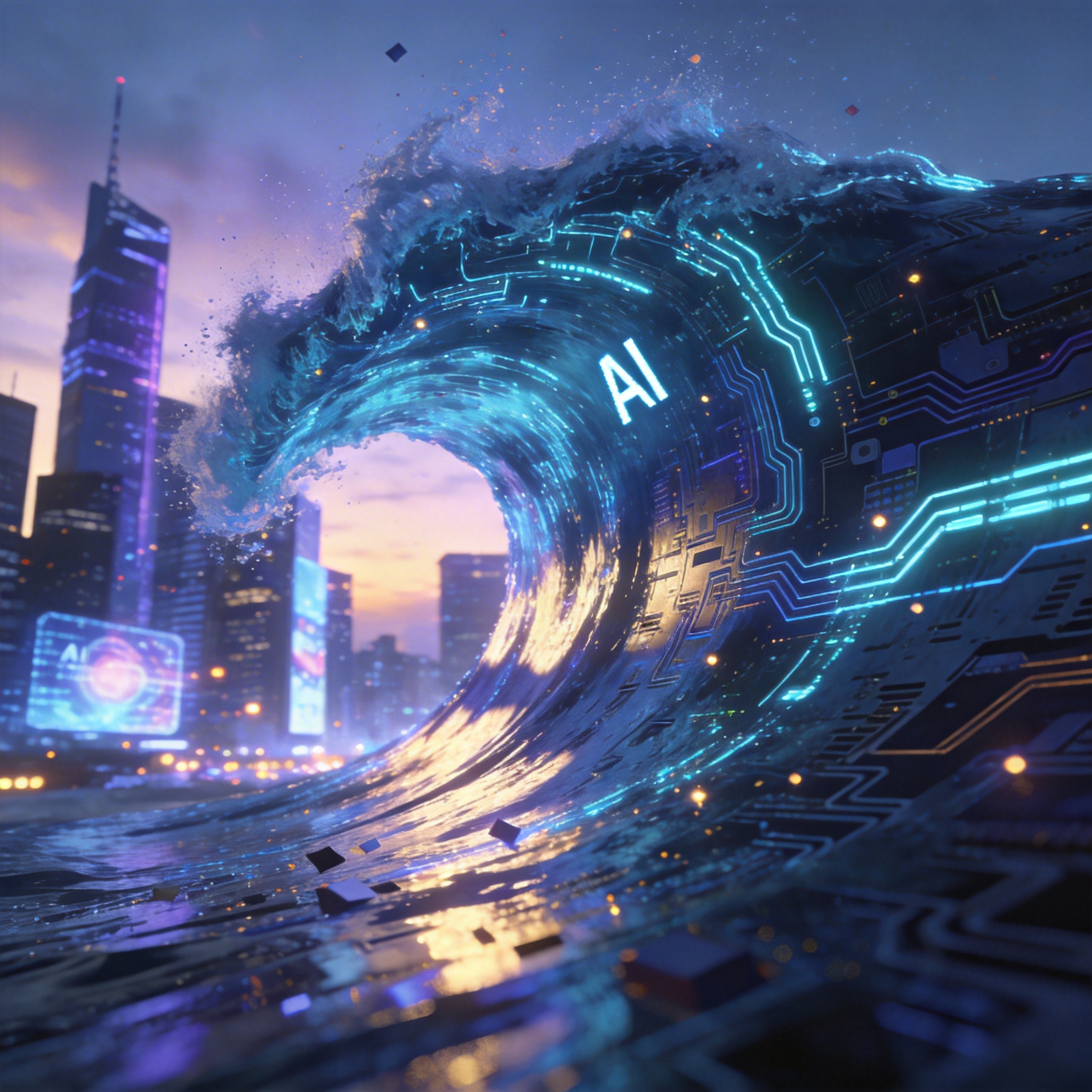 Abstract digital wave symbolizing an 'AI tsunami' over a futuristic city.