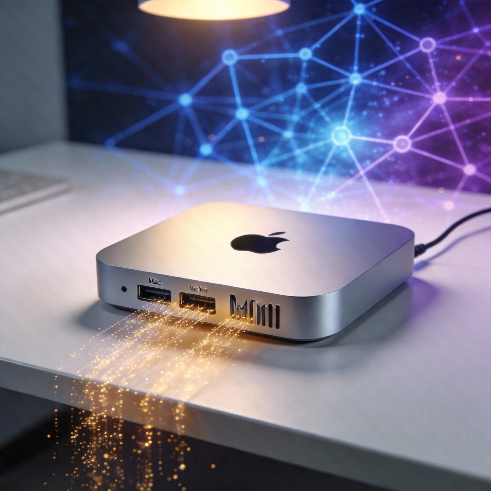 Apple Mac Mini hosting a continuously running personal AI agent, with digital network streams.