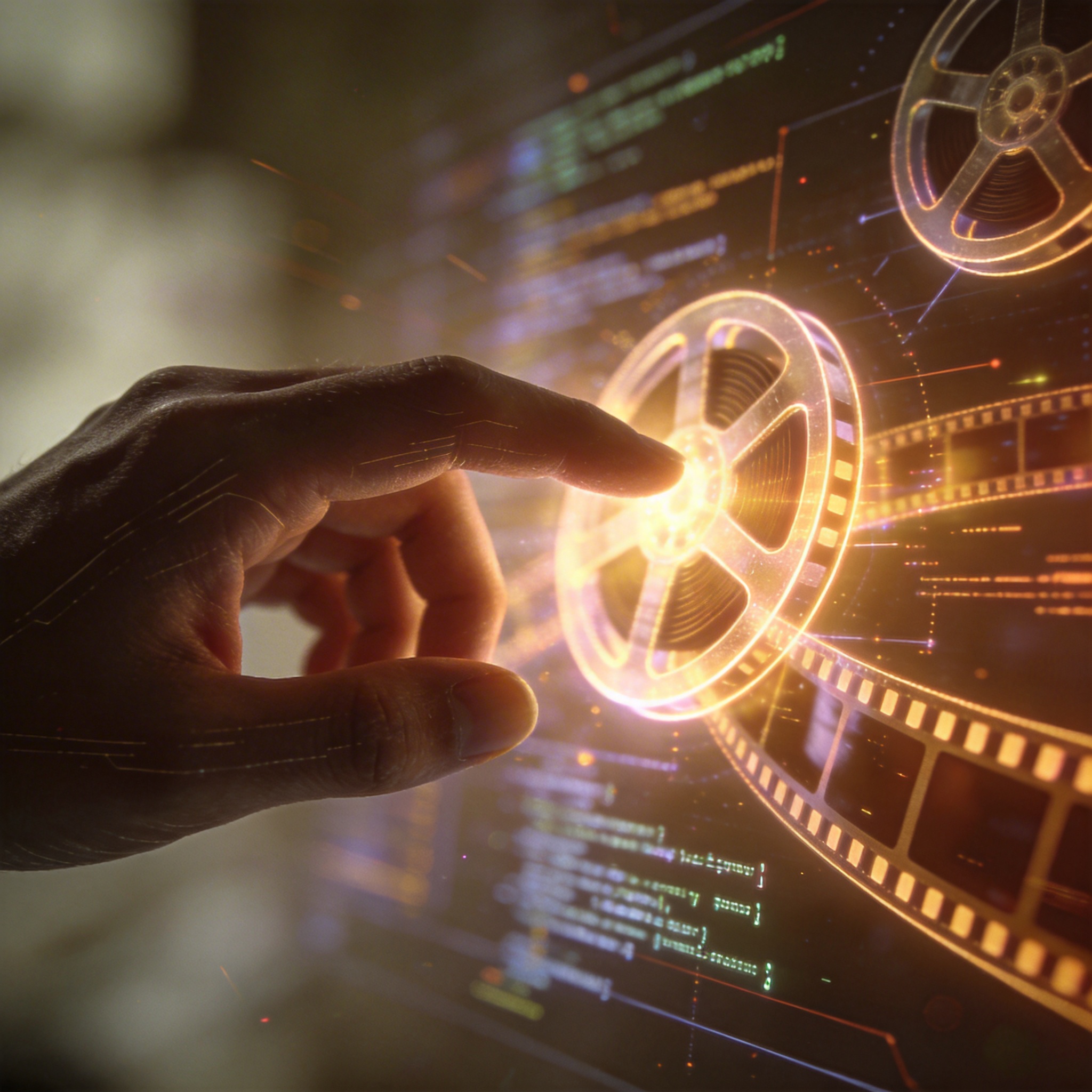 A human hand interacting with a glowing digital interface, symbolizing the integration of AI into the film and television industry.