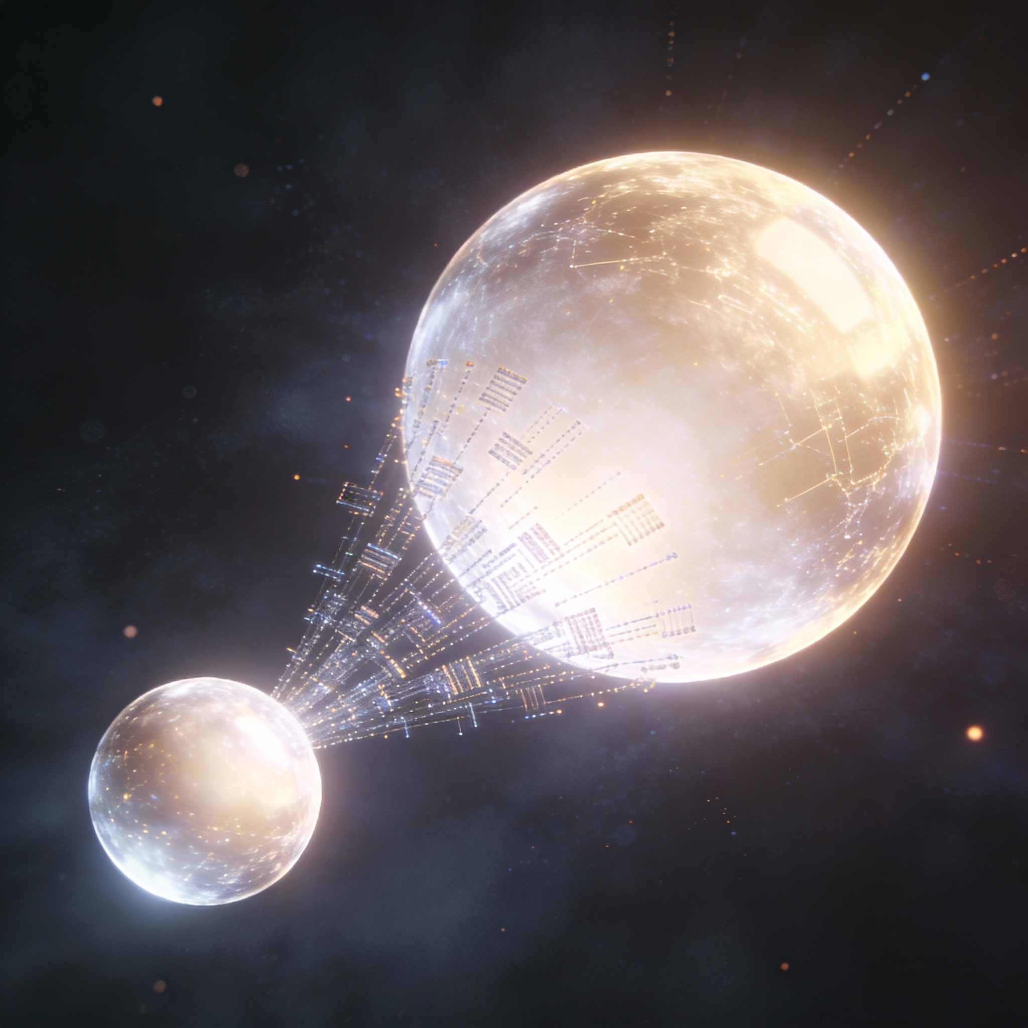 Abstract visual of a large glowing sphere transferring data streams to a smaller glowing sphere, symbolizing model distillation.