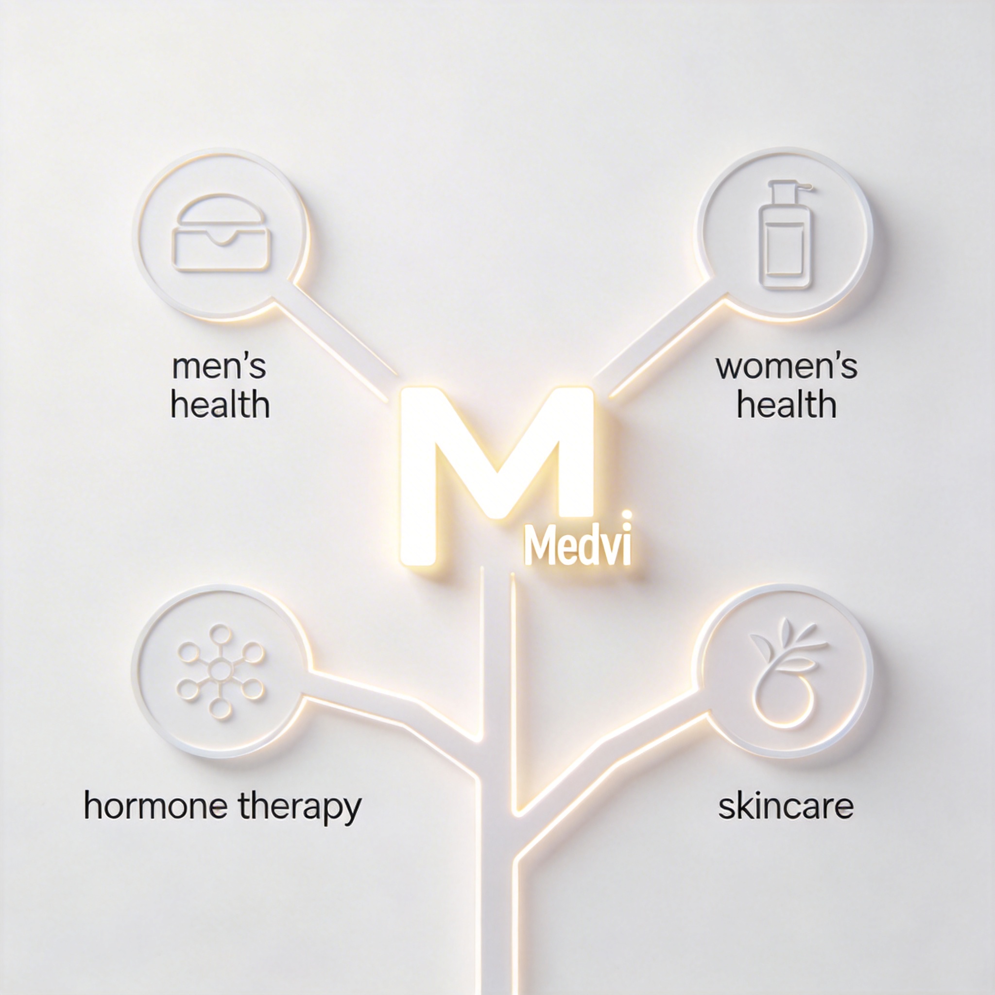 Glowing 'M' for Medvi with branching product lines, symbolizing strategic expansion.