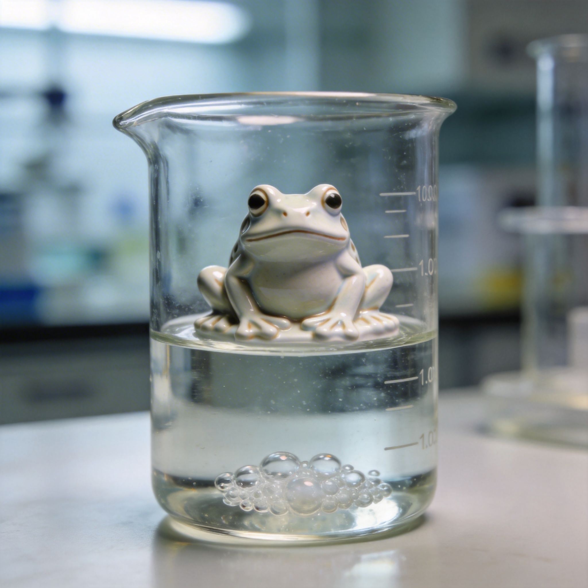 A ceramic frog figurine in a beaker of water with subtle bubbles, symbolizing the 'boiling frog' scenario of gradual AI impact.