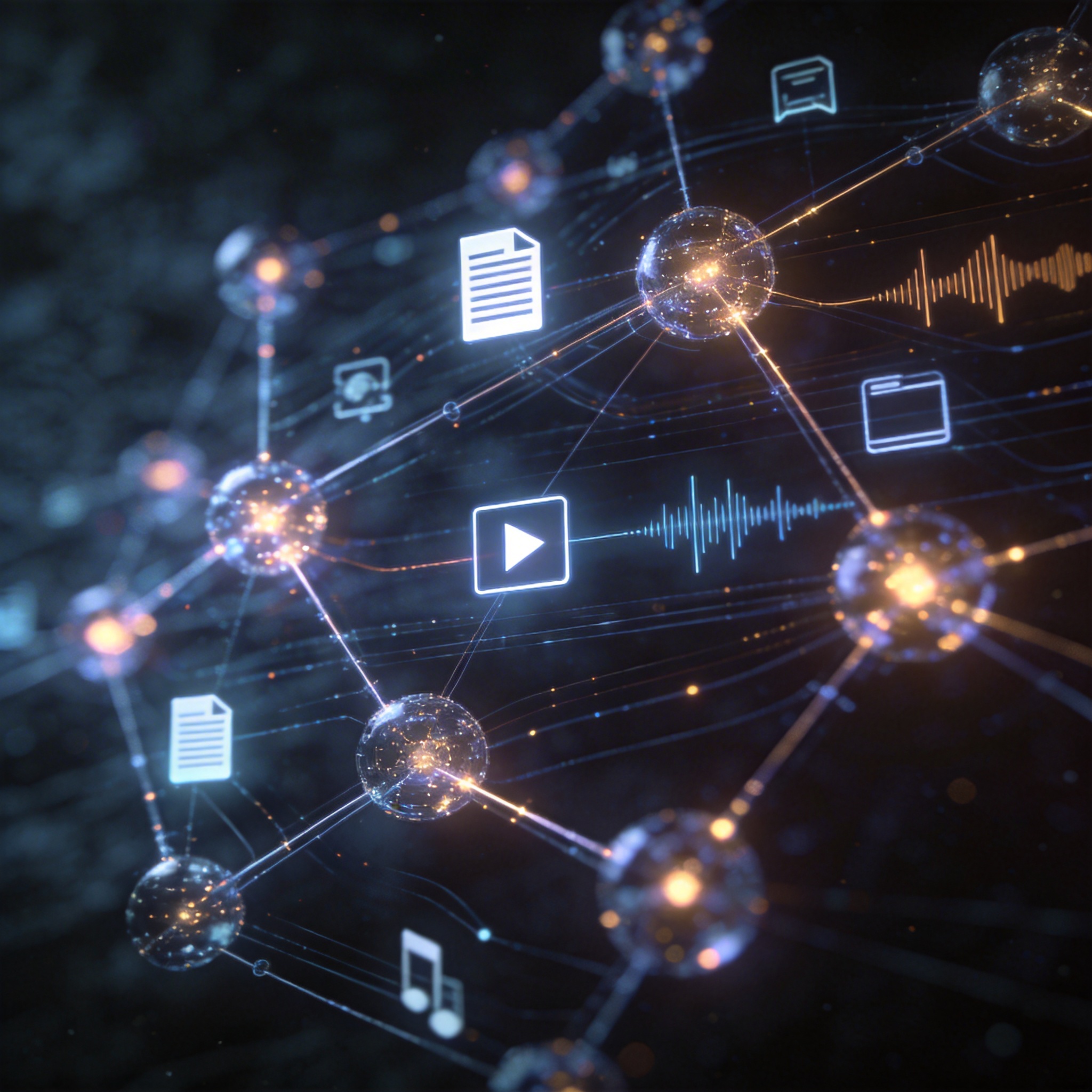 Abstract network of glowing nodes and lines with digital icons, symbolizing omni-directional data referencing.