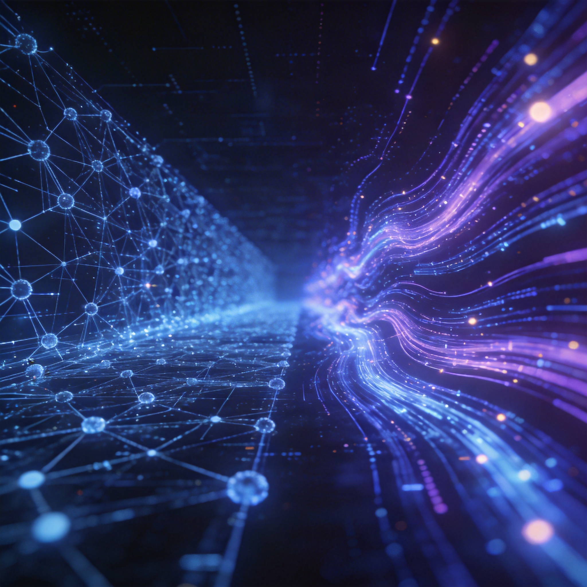Abstract depiction of expanded context window and self-correcting algorithms in a digital network.
