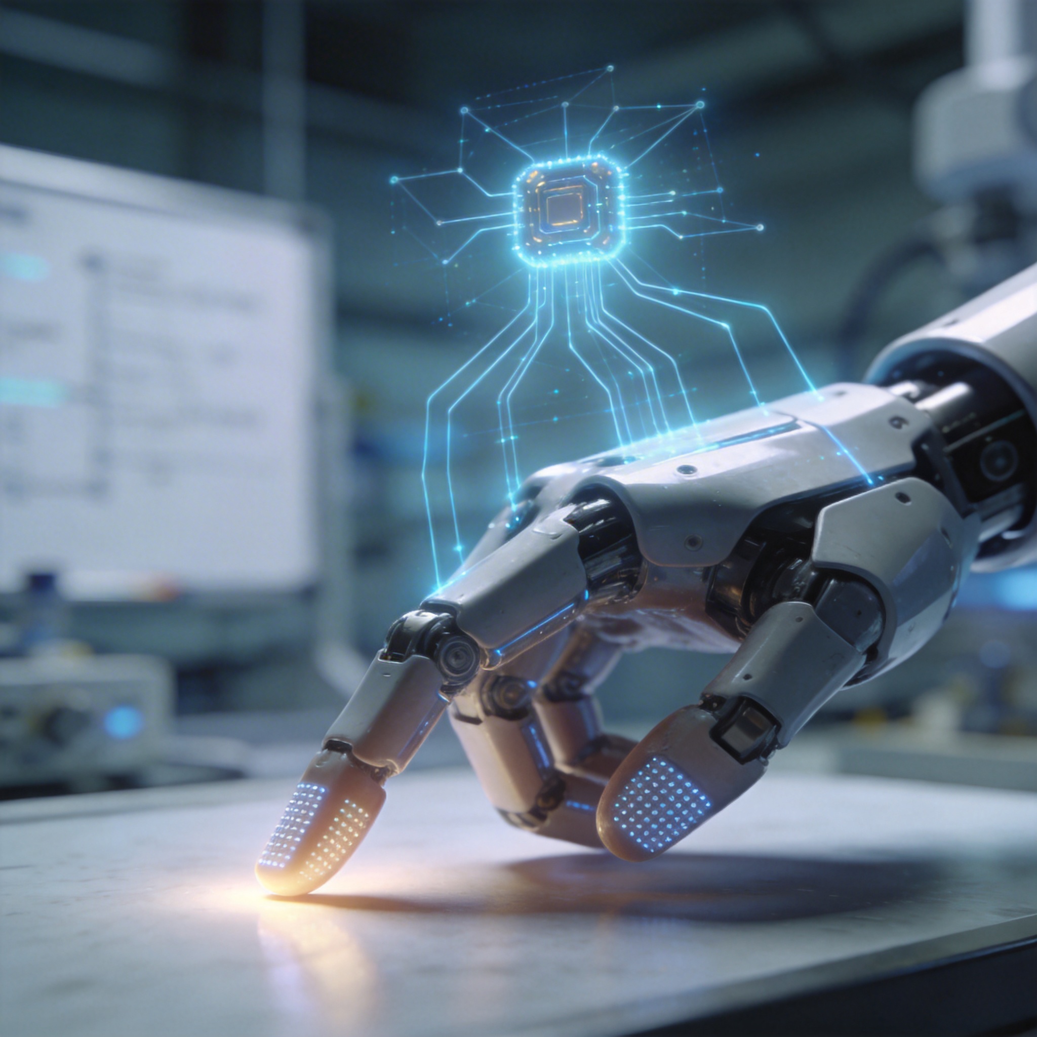 Robot hand with visible tactile sensors, symbolizing enhanced perception.