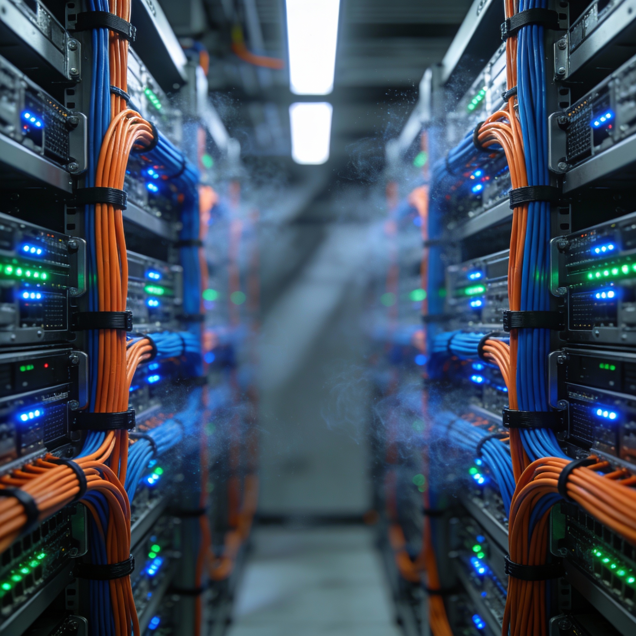 A detailed view of a server rack in a data center, illustrating raw computational power.