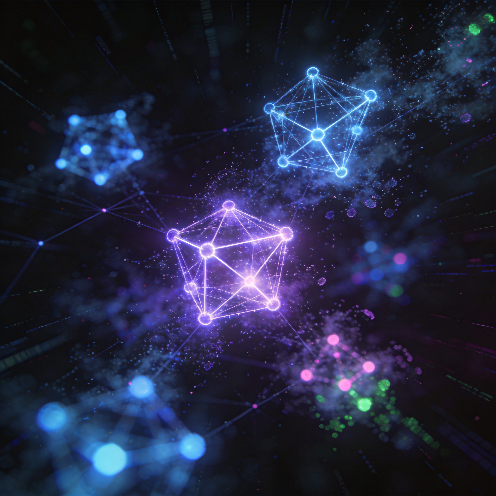 Complex network of glowing and fading digital nodes, symbolizing core innovation versus short-lived hype.