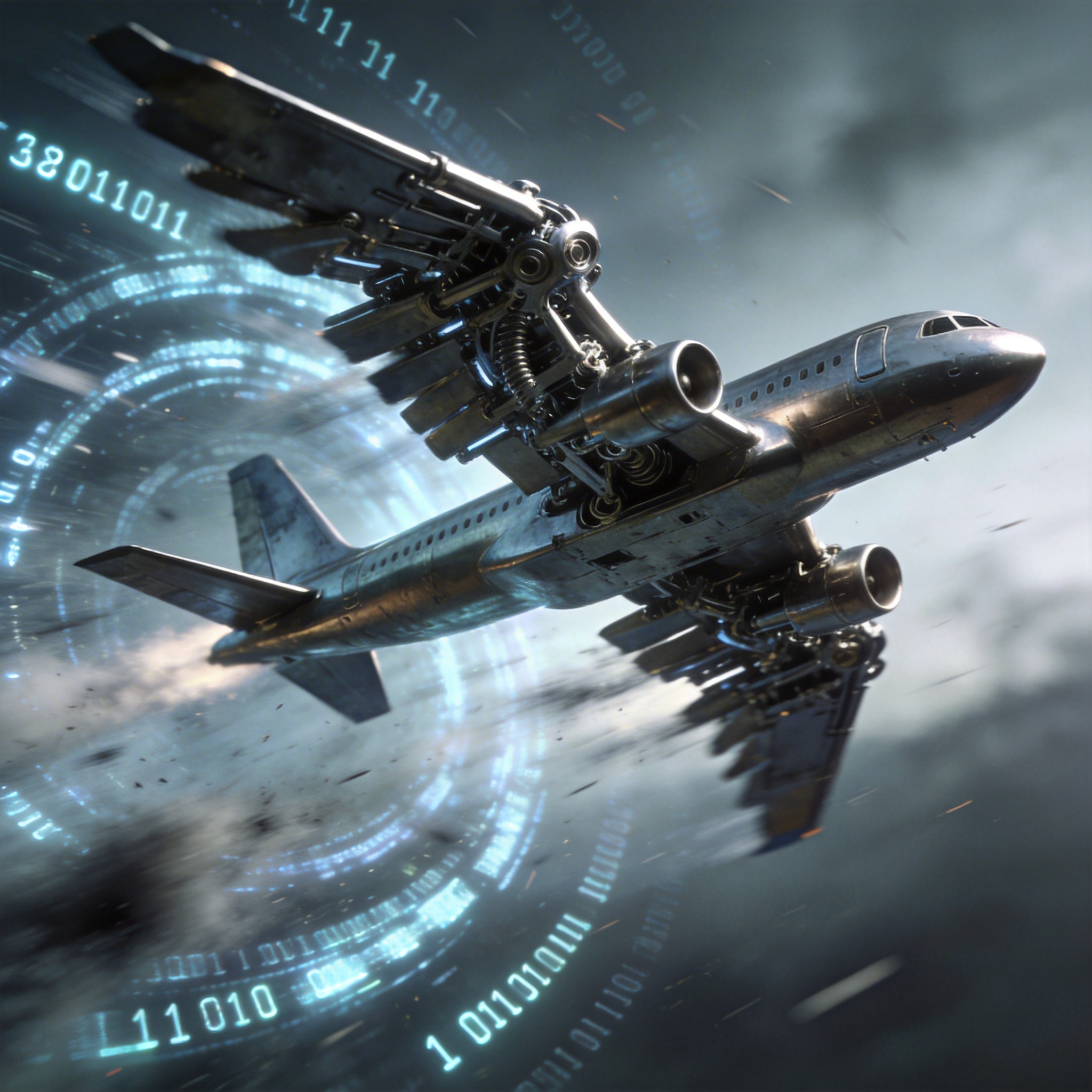 Metaphorical image of a mechanical airplane flapping wings, symbolizing inefficient AI.