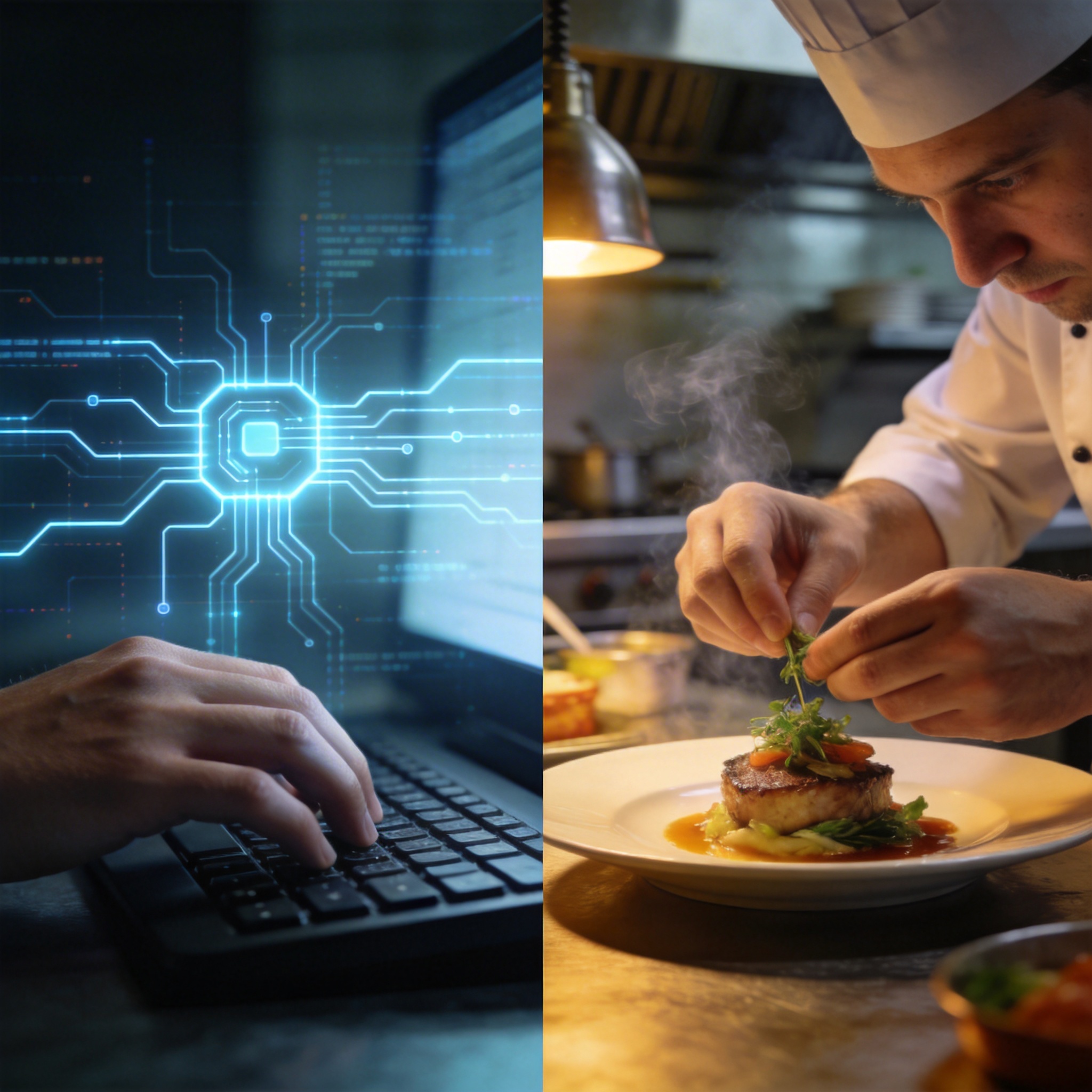 Split image showing digital tasks influenced by AI and physical tasks like cooking, contrasting automation susceptibility.