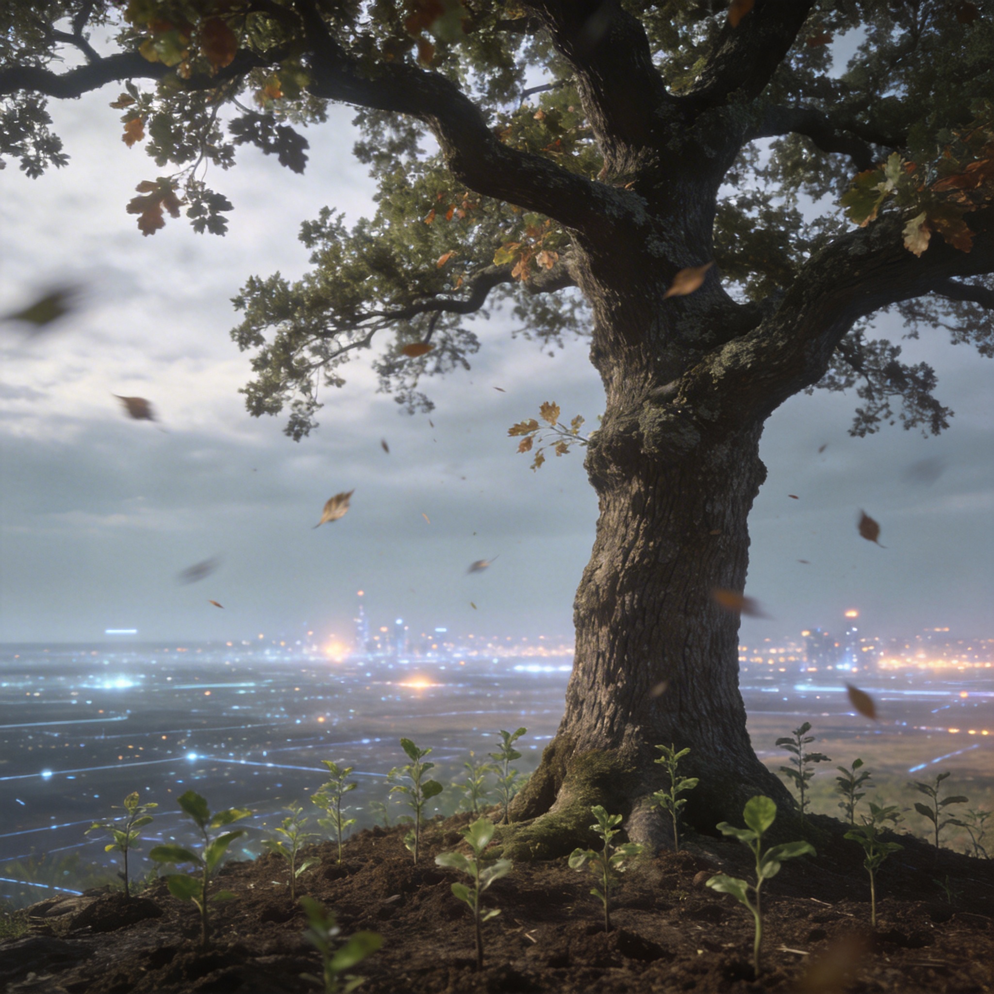 Oak tree shedding leaves while new saplings grow, symbolizing leadership transition and future growth.