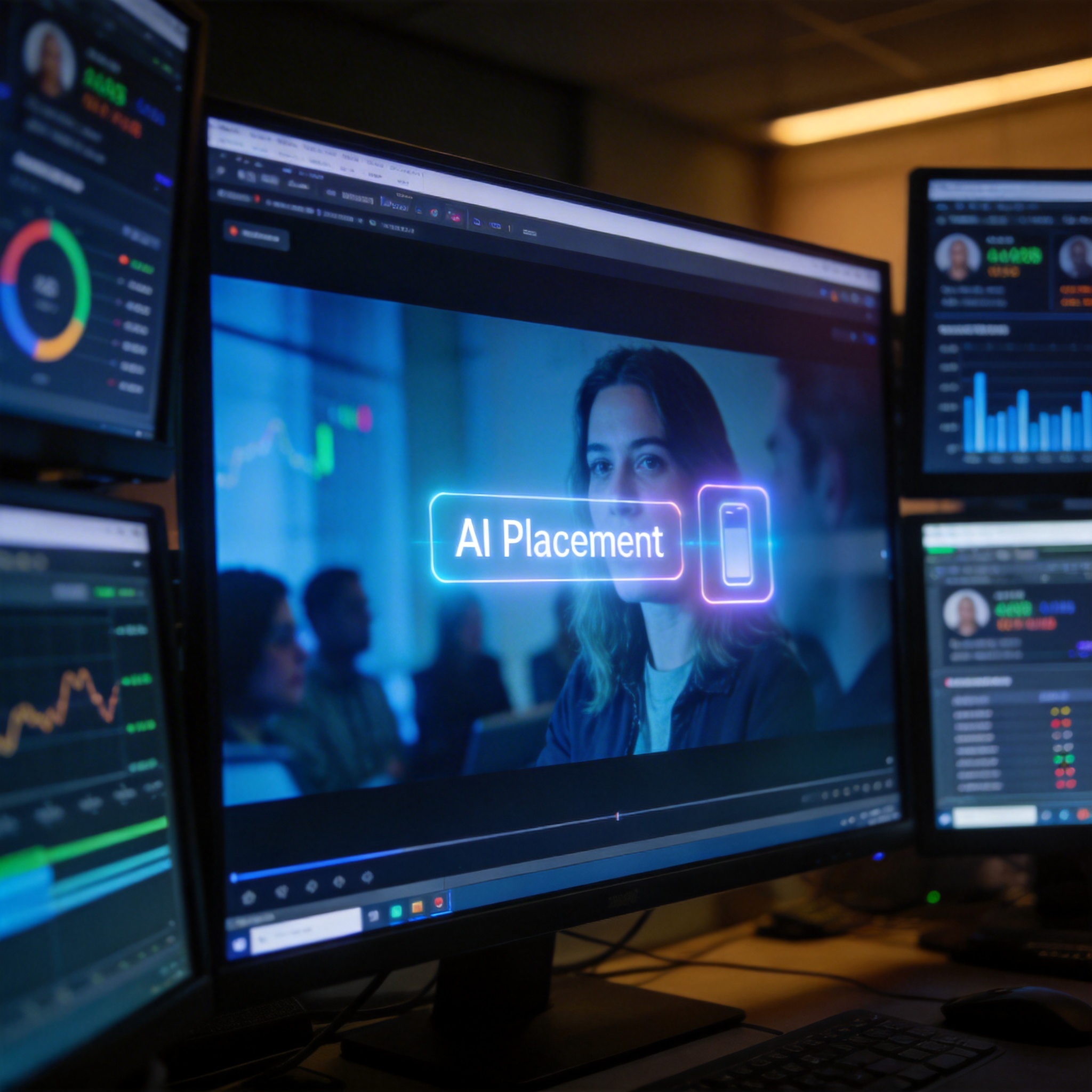 Control room screens showing AI-powered ad placement in a video and real-time audience data.