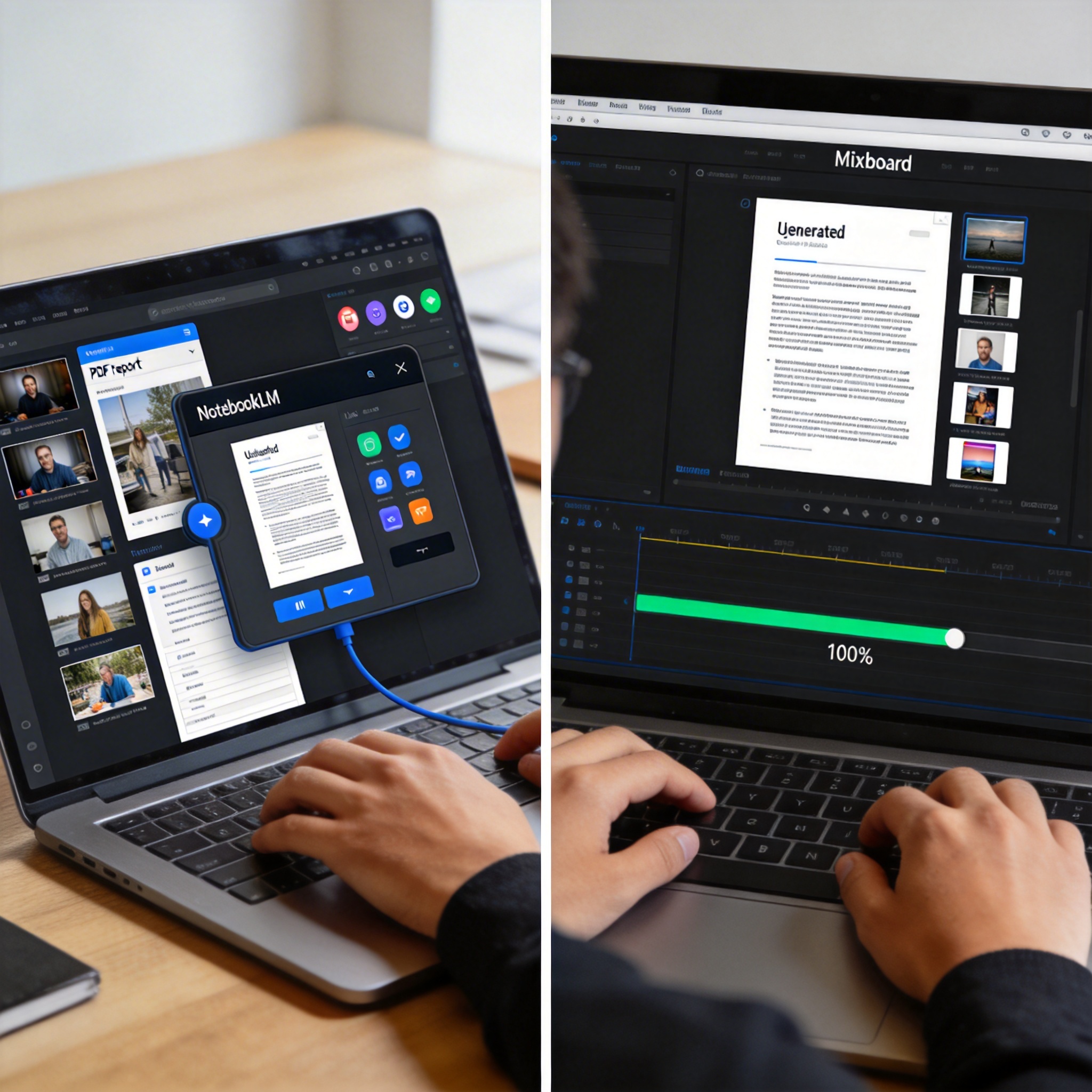 Split-screen showing a user converting sources to PDF with NotebookLM and then uploading to Mixboard, illustrating a workaround.
