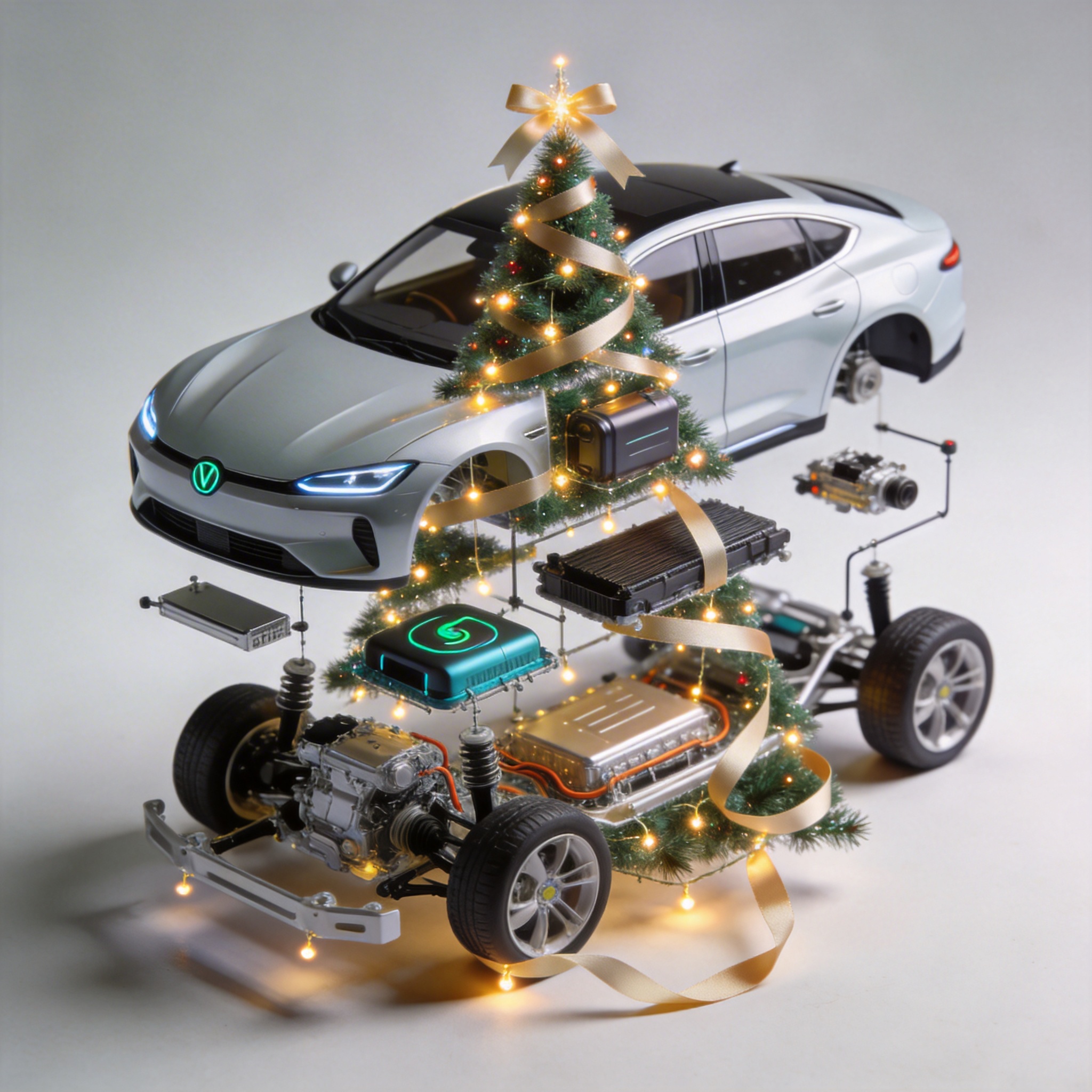 Exploded view of an electric car arranged as a Christmas tree, detailed and festive.