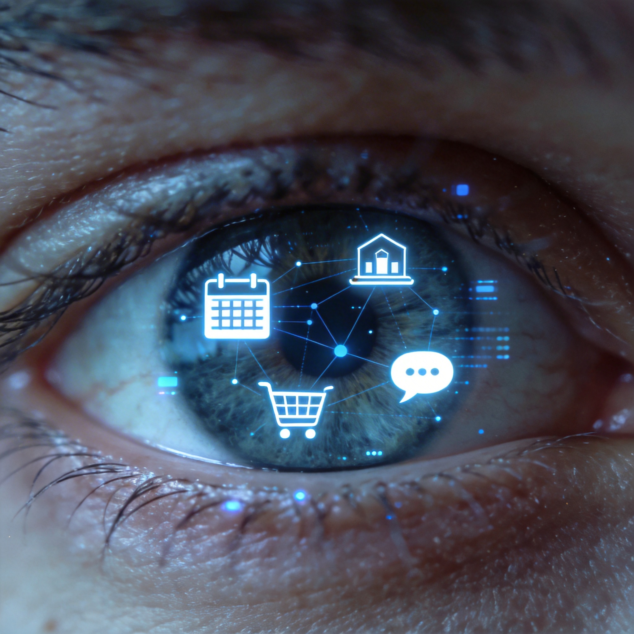 Human eye reflecting digital icons like calendar, hotel, and shopping cart, symbolizing AI's life management.