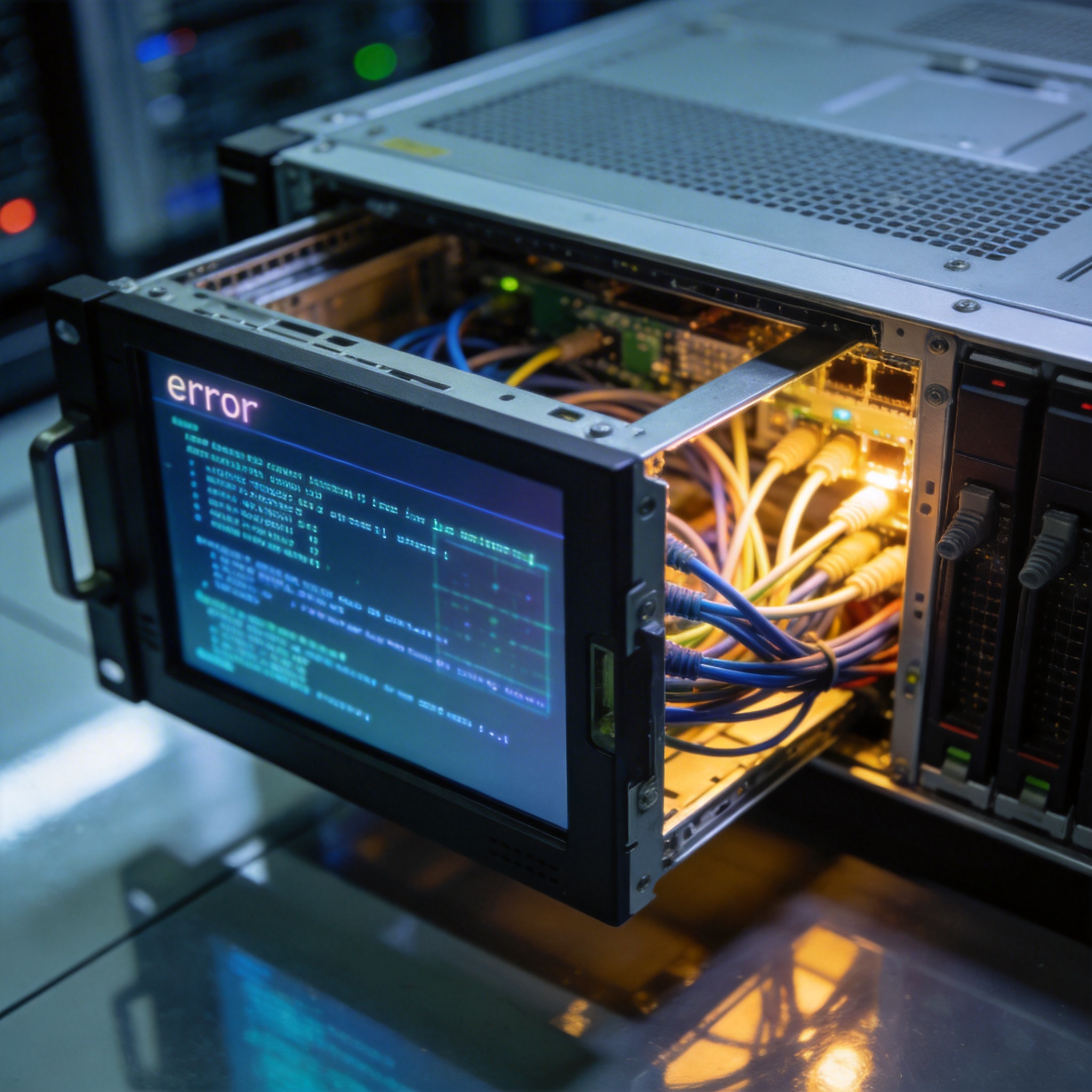 Server rack with an open bay and digital error message, symbolizing a configuration error.