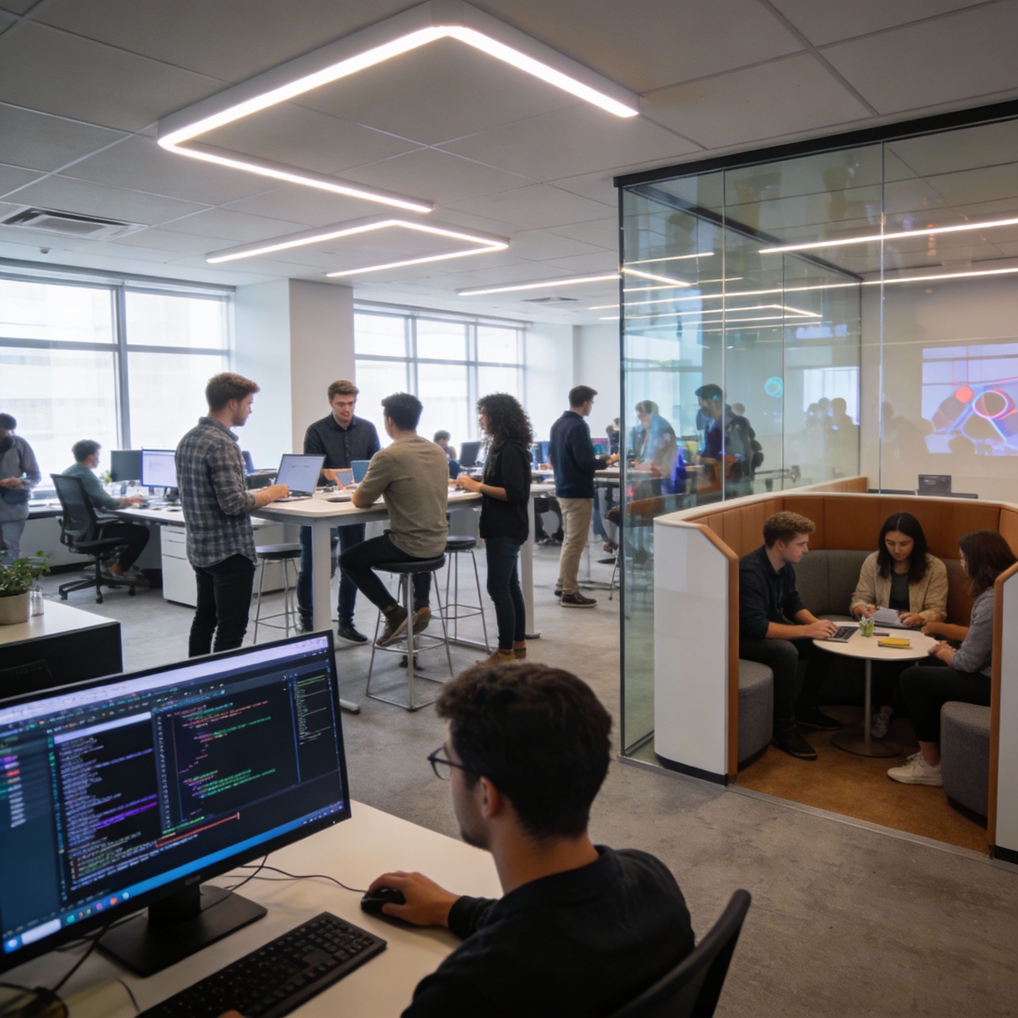 Busy open-plan tech office with young professionals, representing successful post-2000s founders.