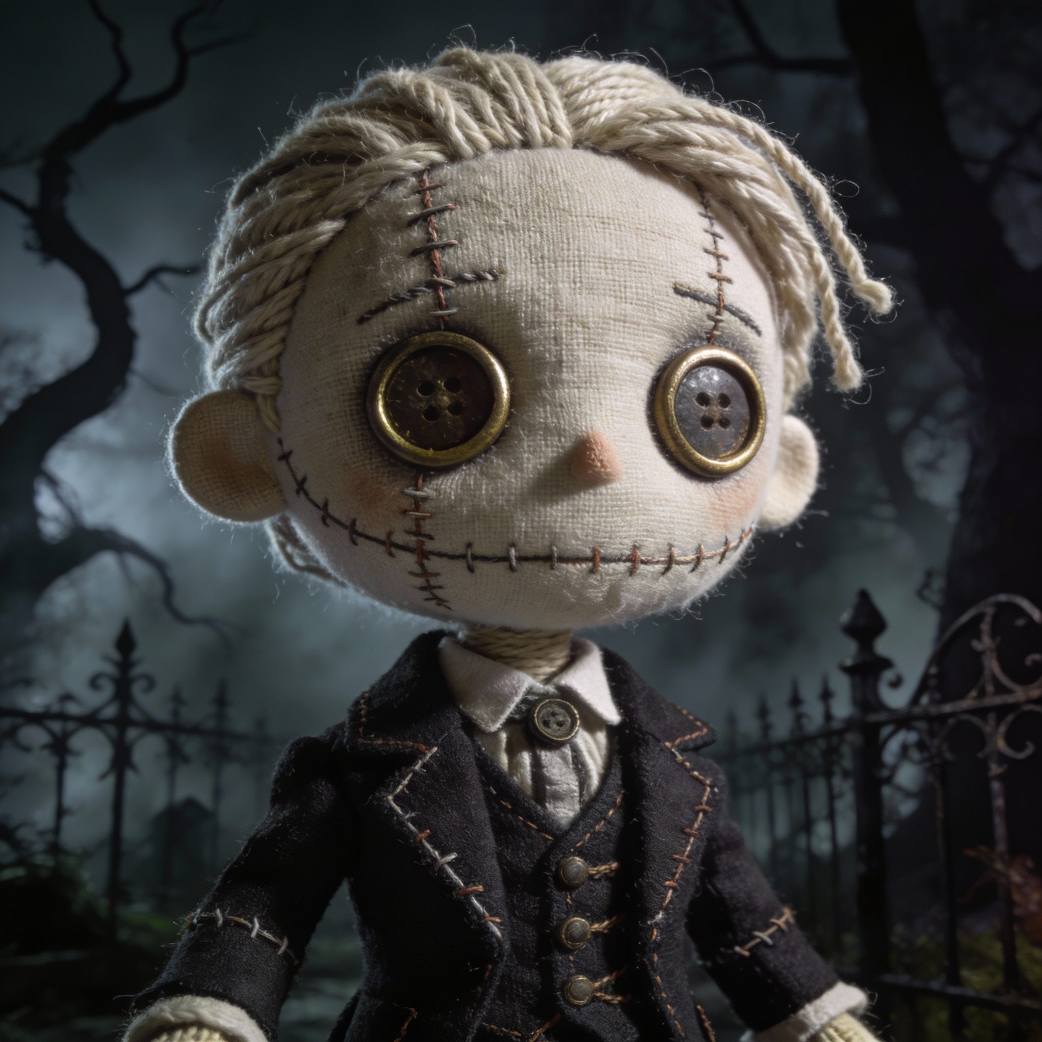 A gothic puppet character illustration with button eyes and stitched skin in a dark whimsical style.