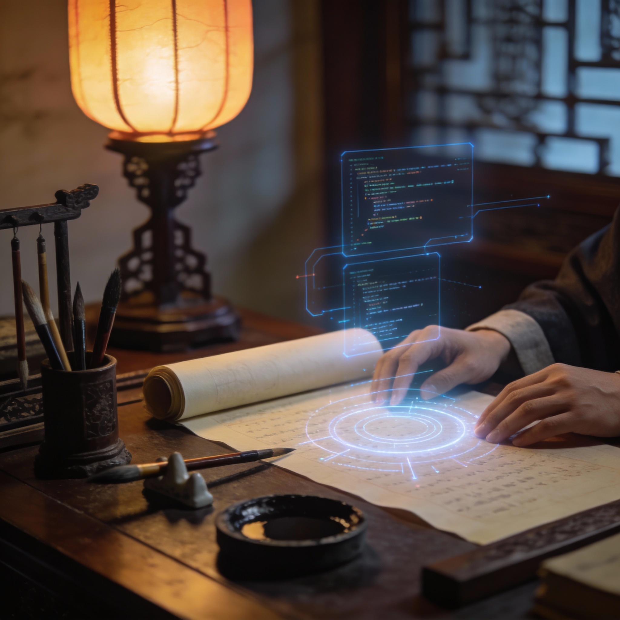 Ancient Chinese scholar's desk with scrolls and subtle digital interfaces, symbolizing historical precedent.