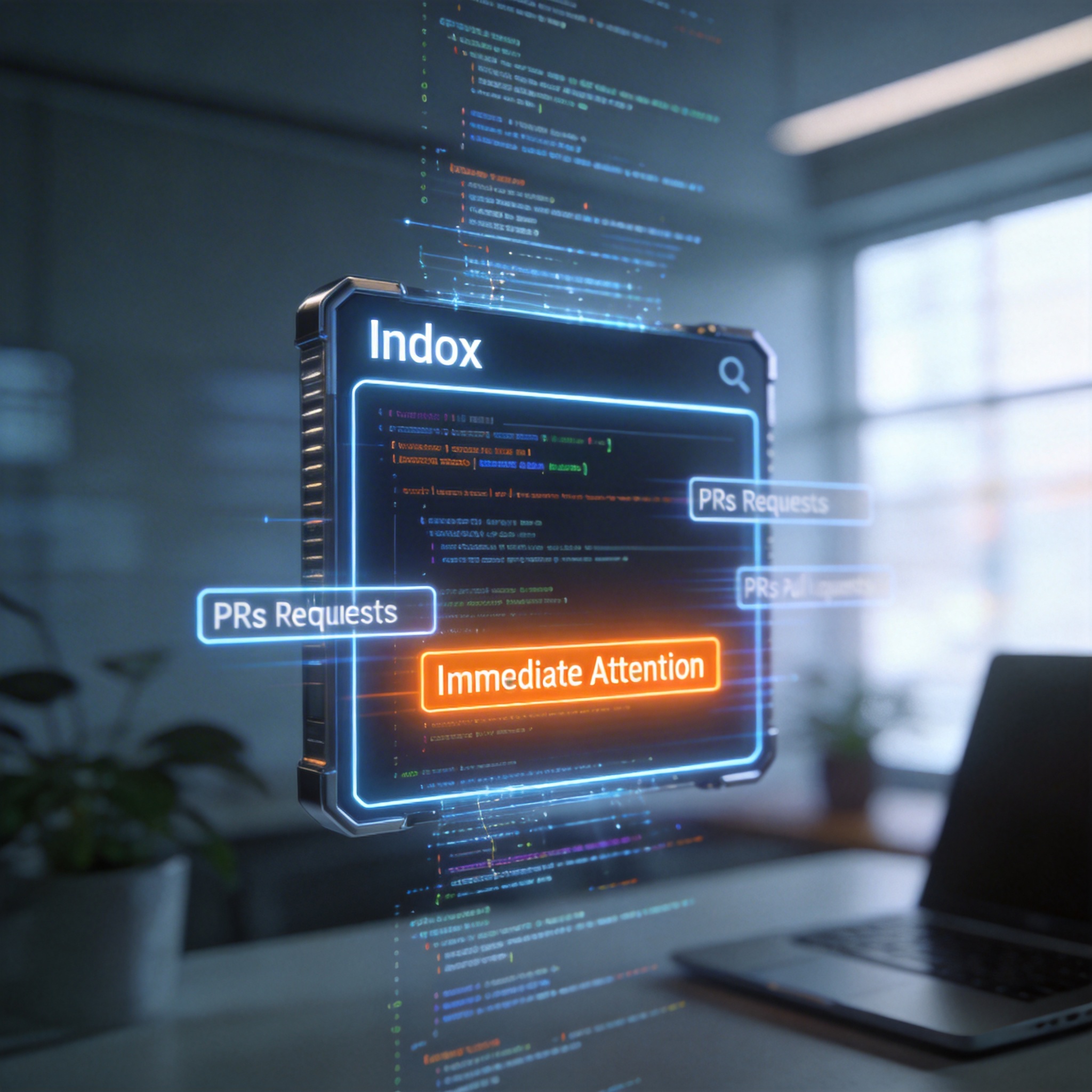Digital 'Code Inbox' interface with highlighted pull requests, symbolizing efficient code review.