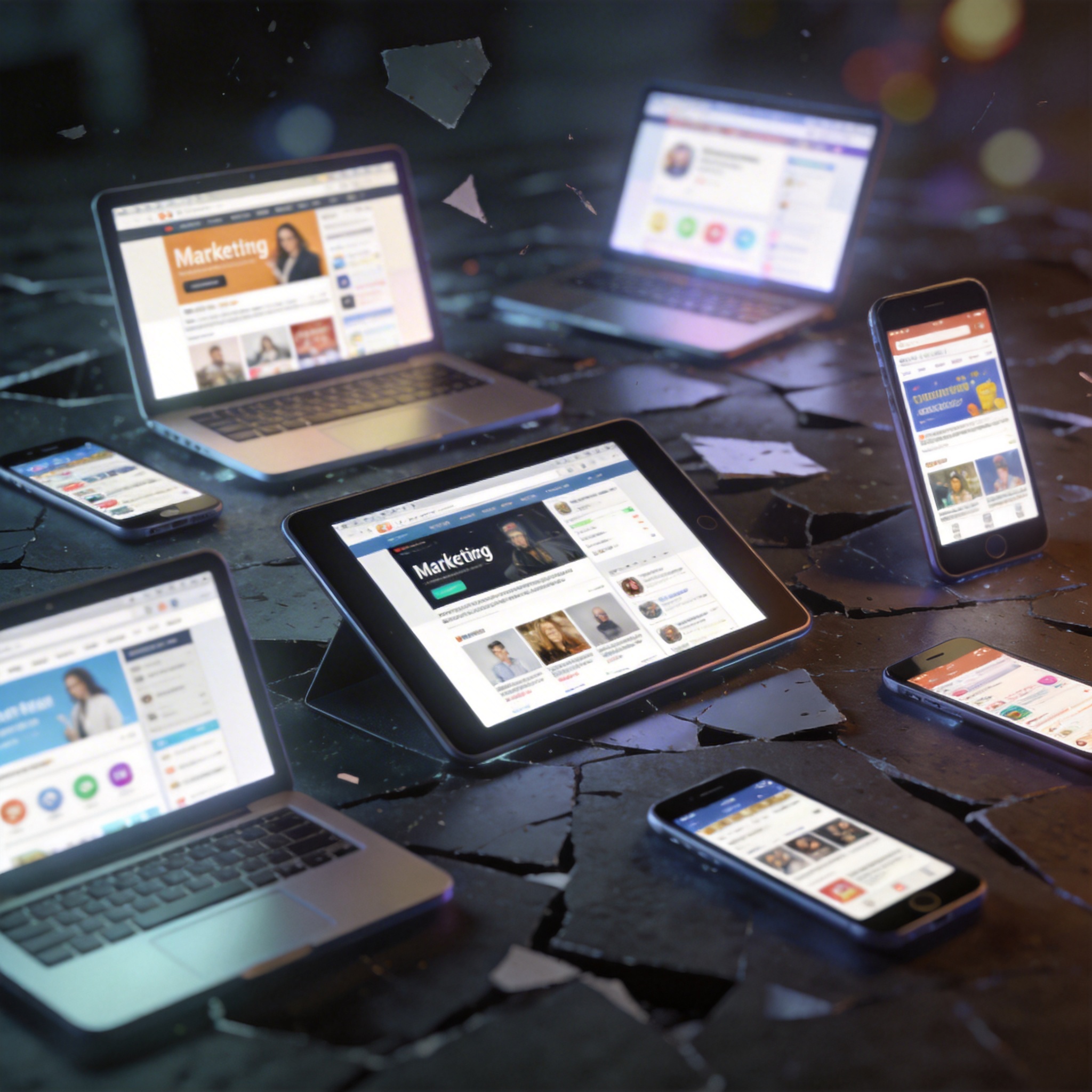 Fragmented digital screens showing various marketing tools, illustrating tool fragmentation.