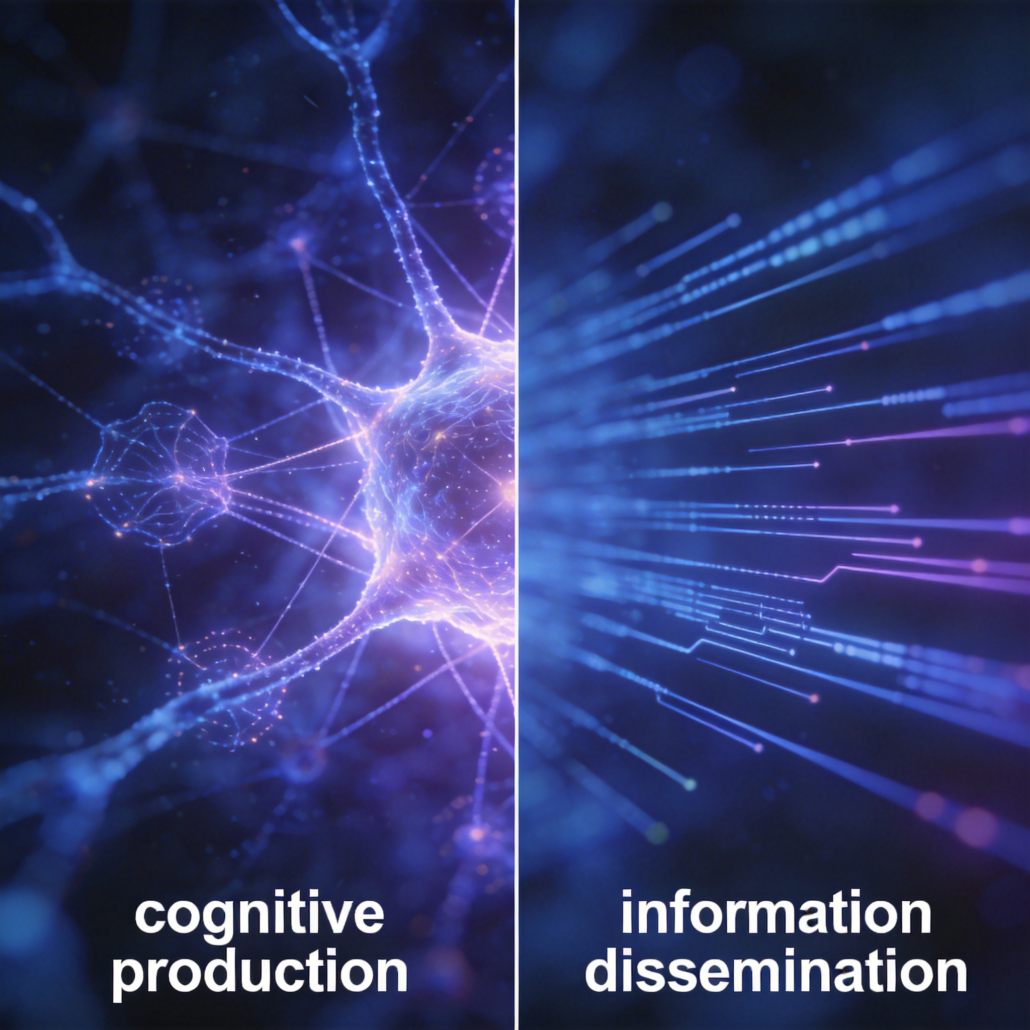 Abstract visual contrasting complex neural networks with linear data streams, symbolizing AI's impact on cognitive production.
