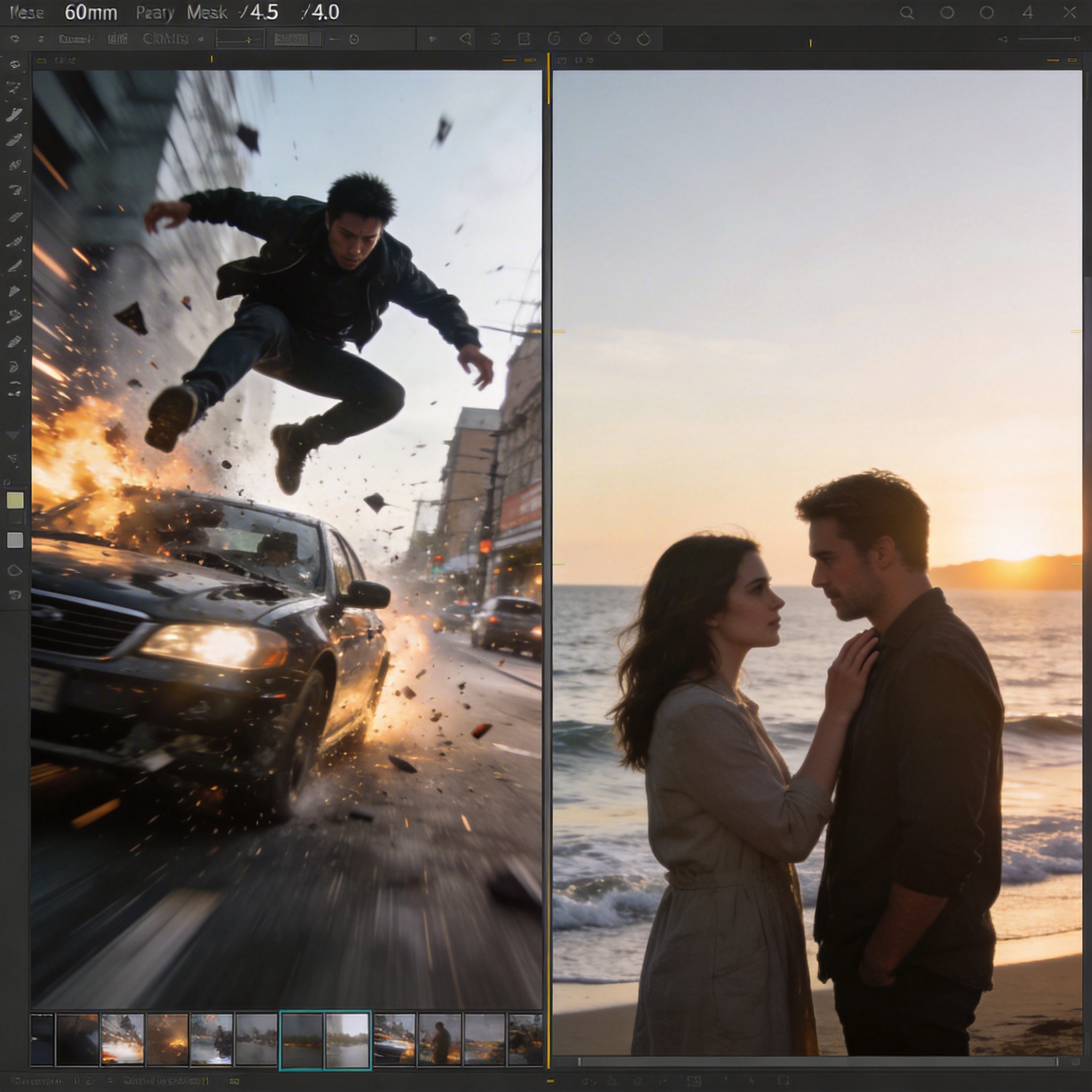 Split-screen storyboard showing a fast-paced action scene and a slow, emotional scene by the sea.