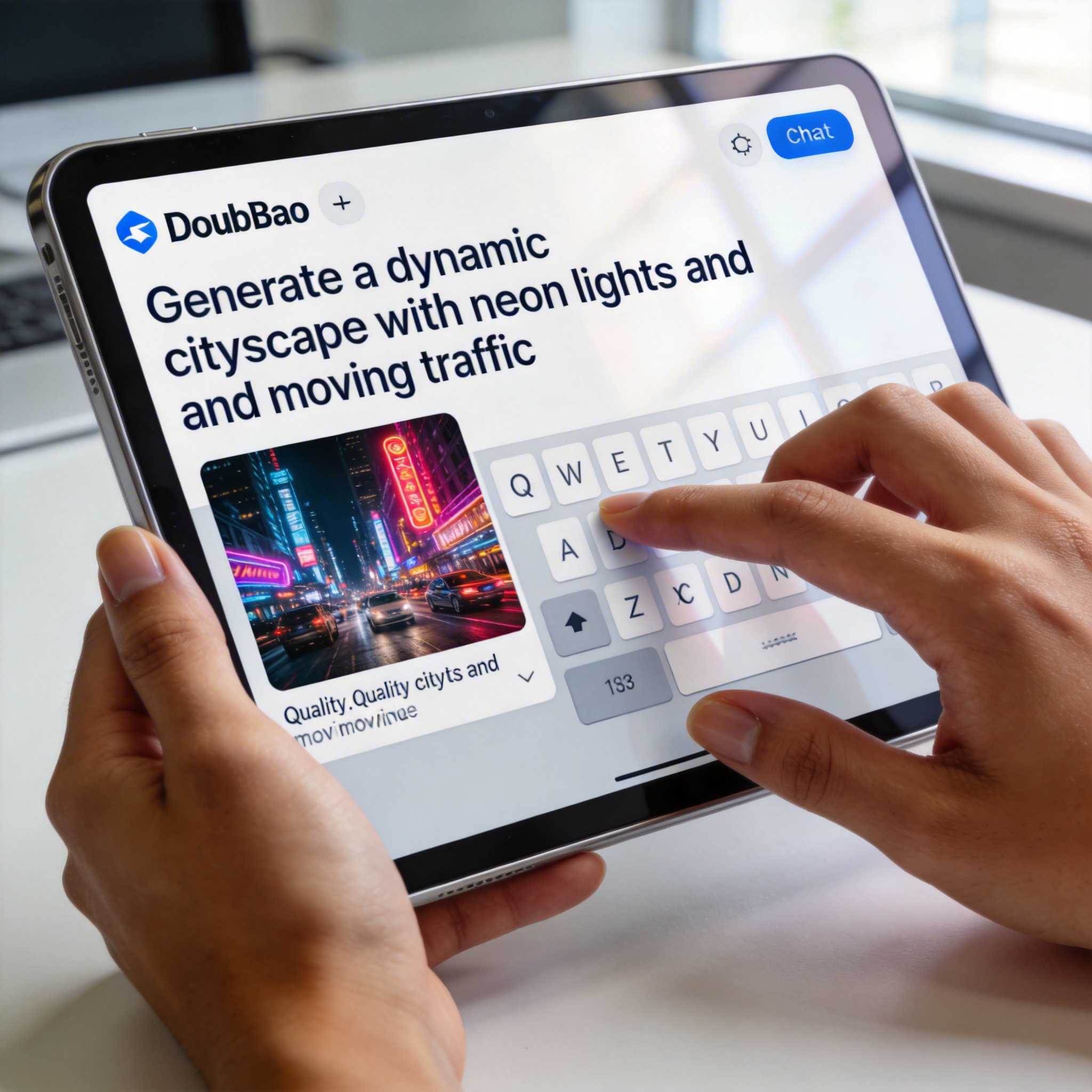 Hands typing a text-to-video prompt on a tablet displaying the Doubao app interface with a video preview.