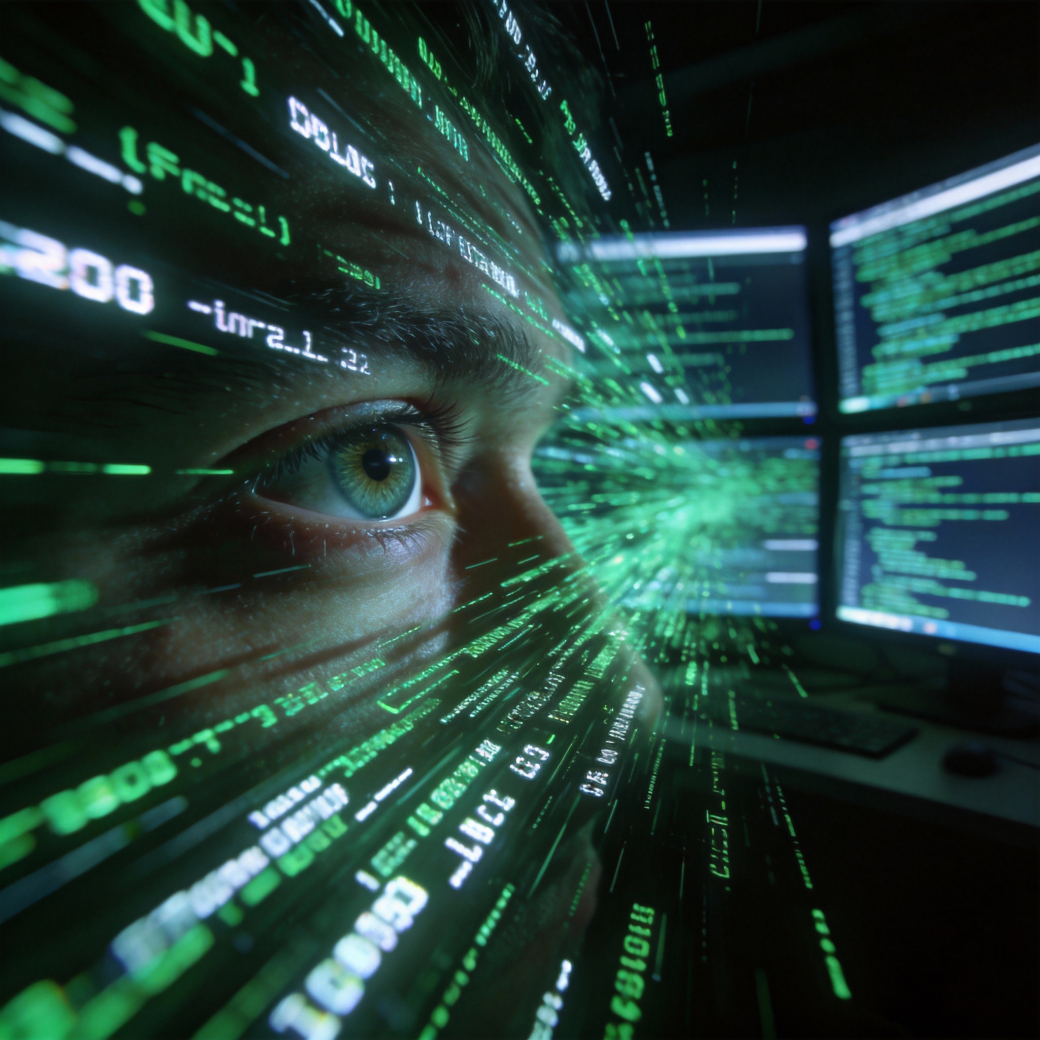 Human eye overwhelmed by a rapid cascade of digital code on multiple screens, symbolizing review asymmetry.