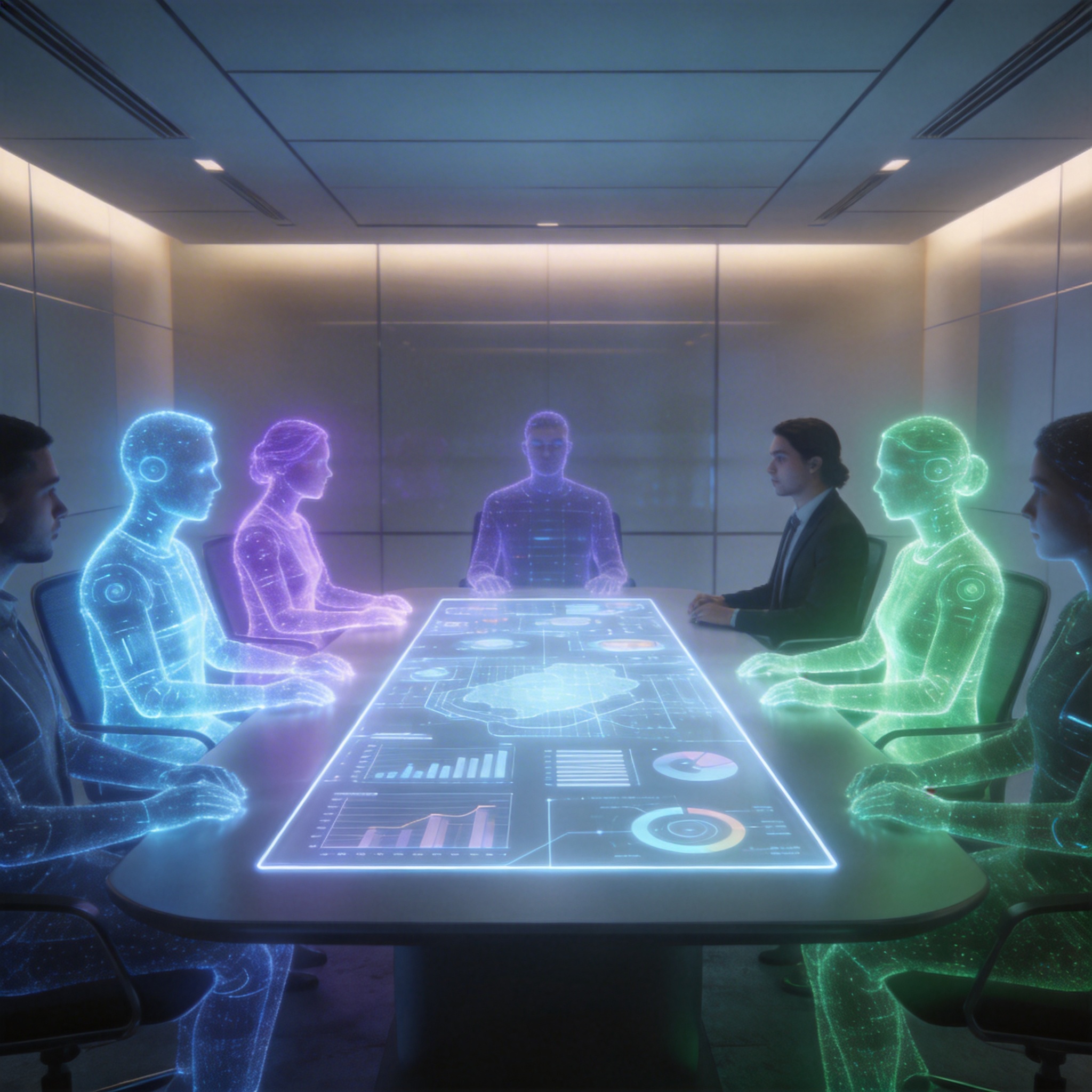 Holographic AI personas in a virtual meeting, symbolizing persistent AI consultants collaborating on a strategy.