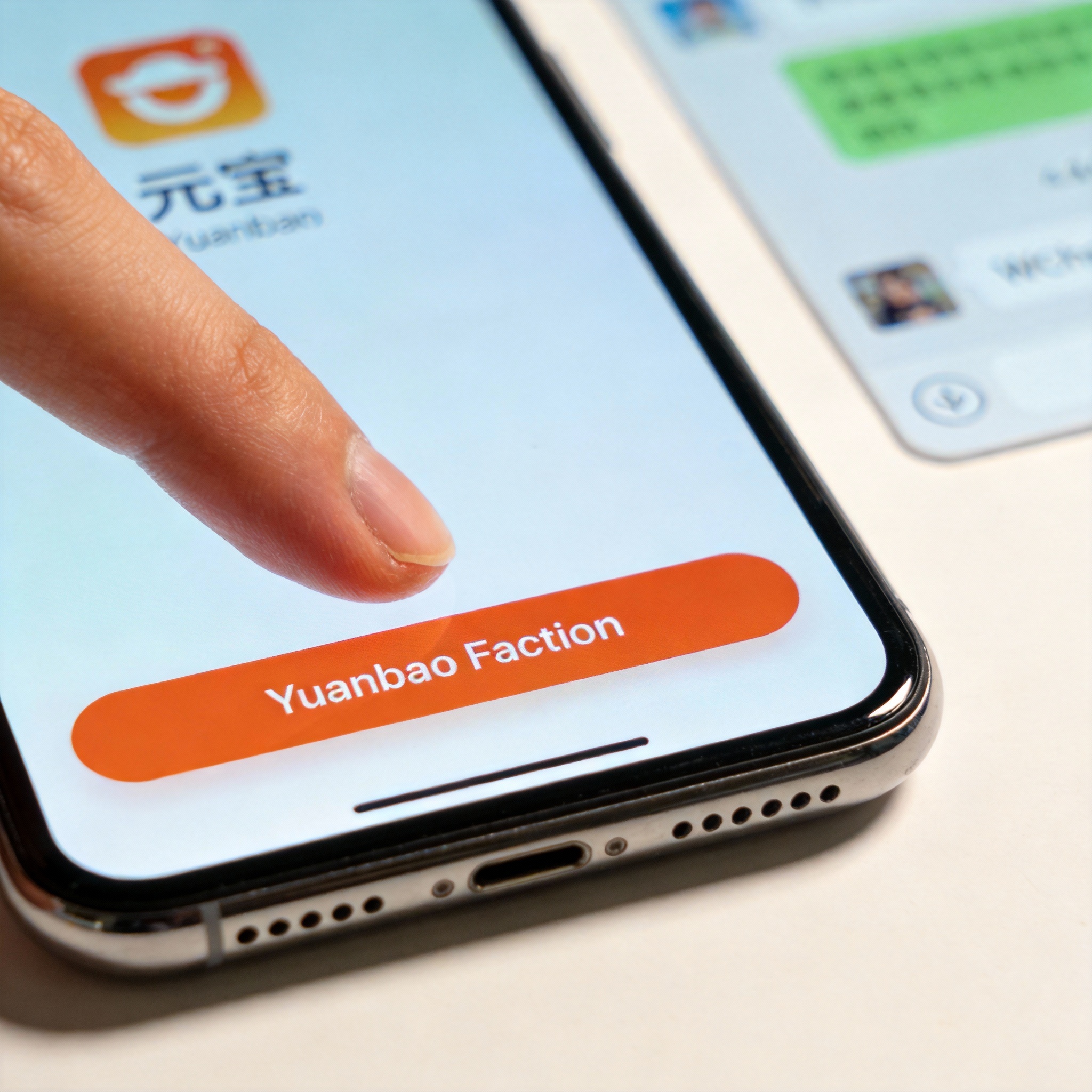 Smartphone screen showing Yuanbao app with 'Yuanbao Faction' bar, hinting at WeChat integration.