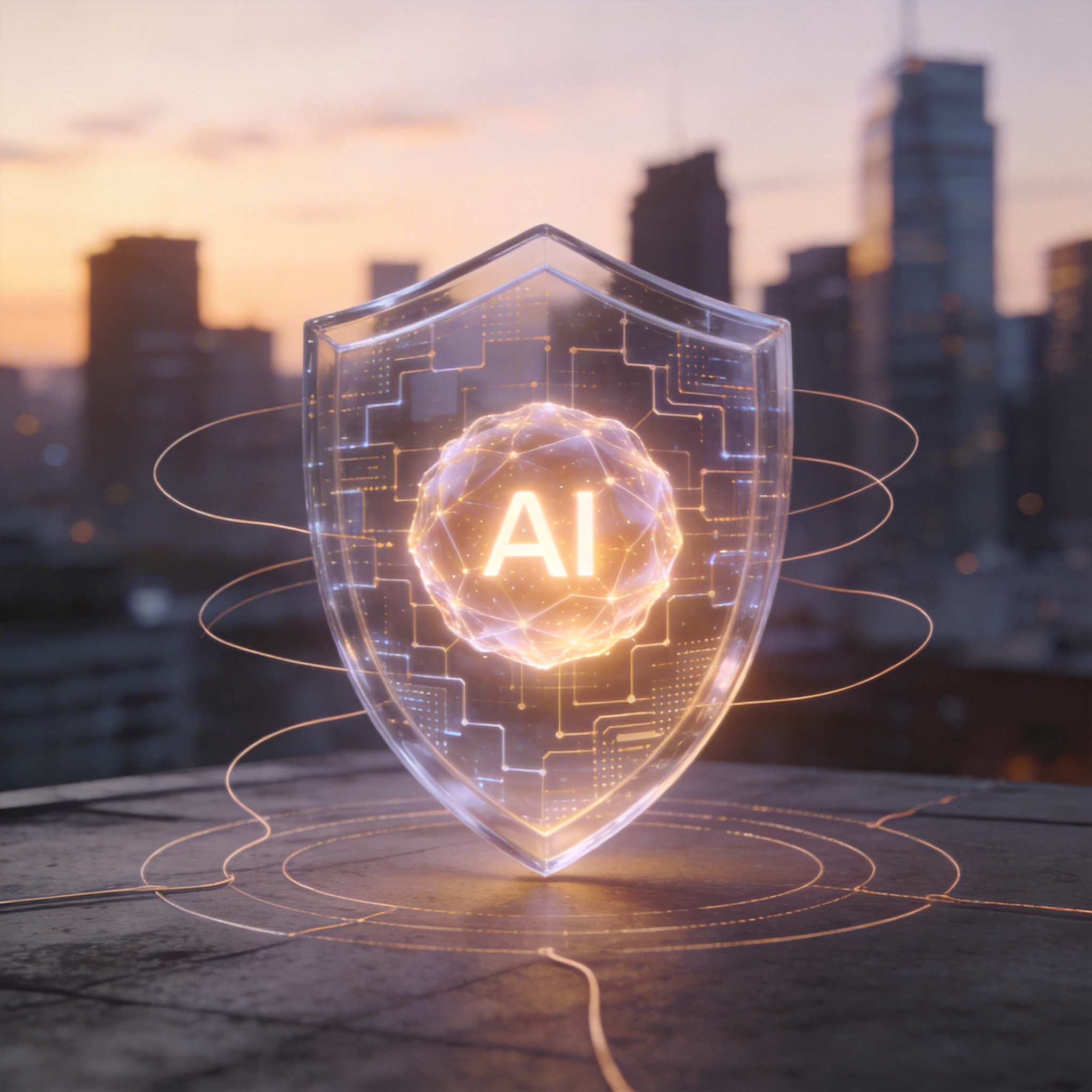 Abstract shield protecting an AI core, symbolizing resilience and social infrastructure for AI risks.