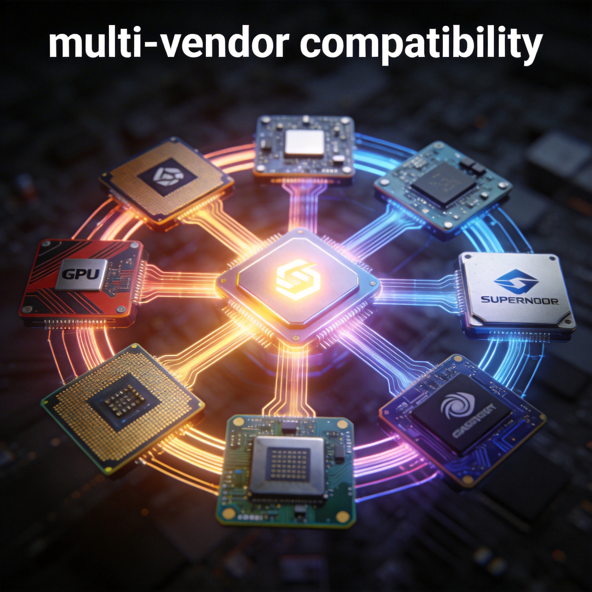 Diverse GPU chips from multiple vendors integrated into a unified, glowing supernode.