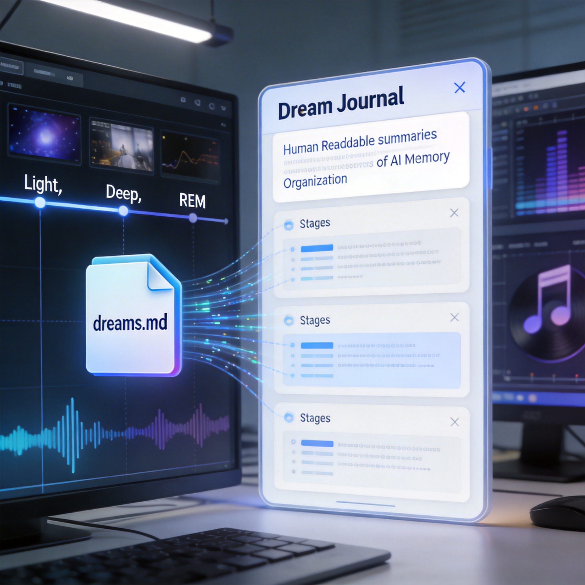 Digital interface showing an AI 'Dream Journal' with memory stages and media generation icons.