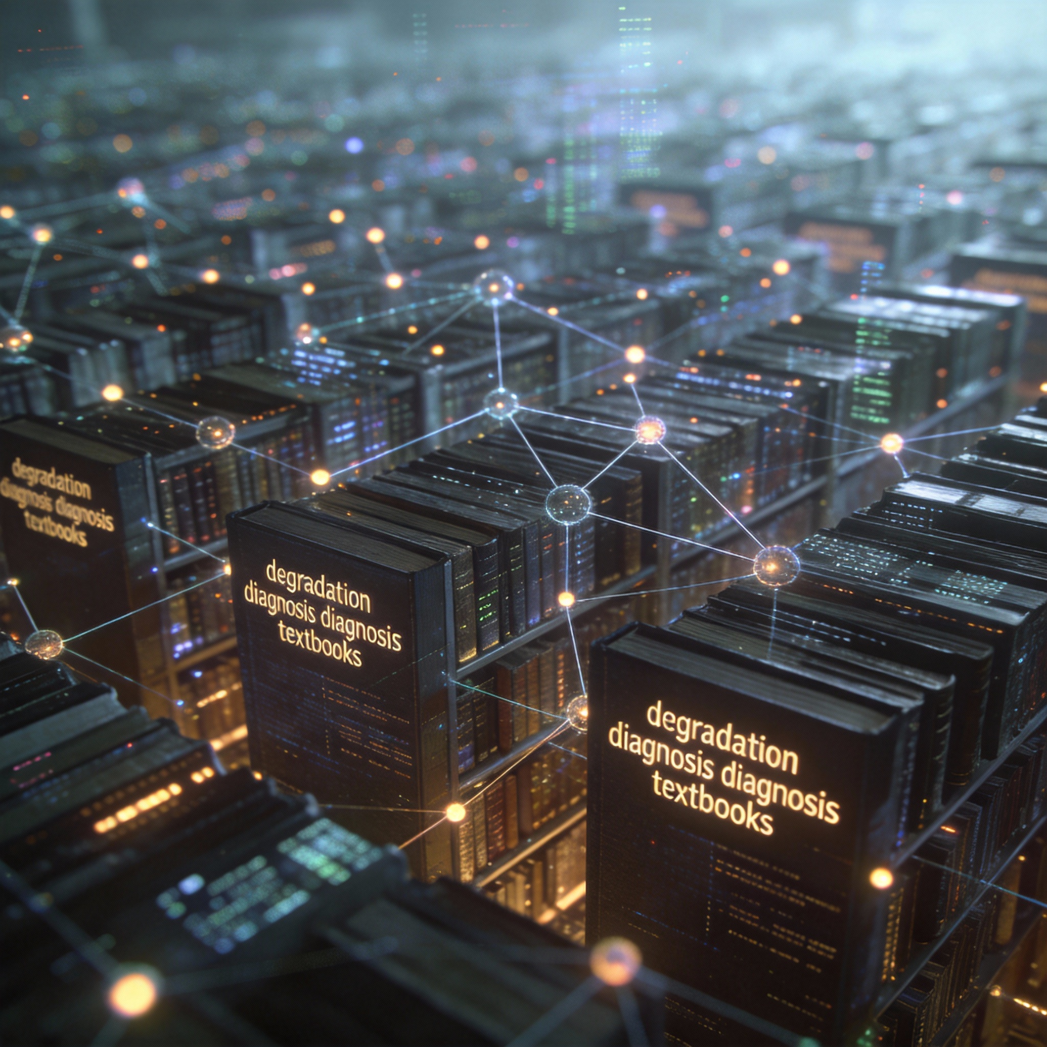 Vast digital library with glowing data points, symbolizing 11,000 'degradation diagnosis textbooks' used to train the AI.