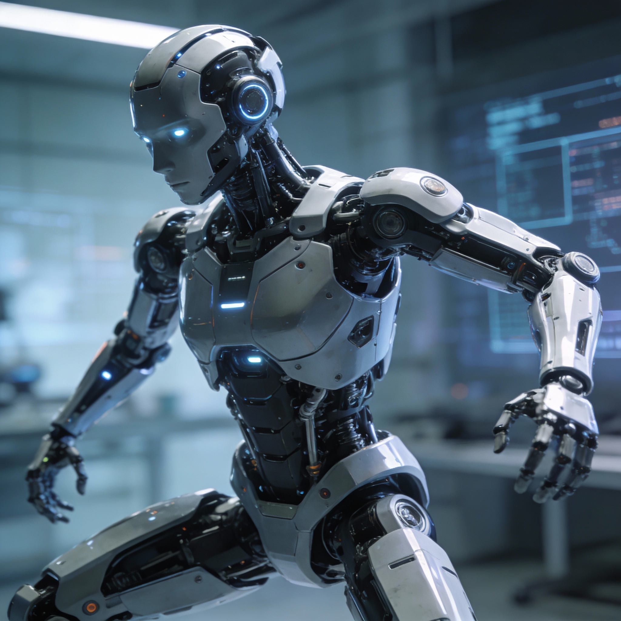 Humanoid robot with visible joints and sensors, ready for complex movements.