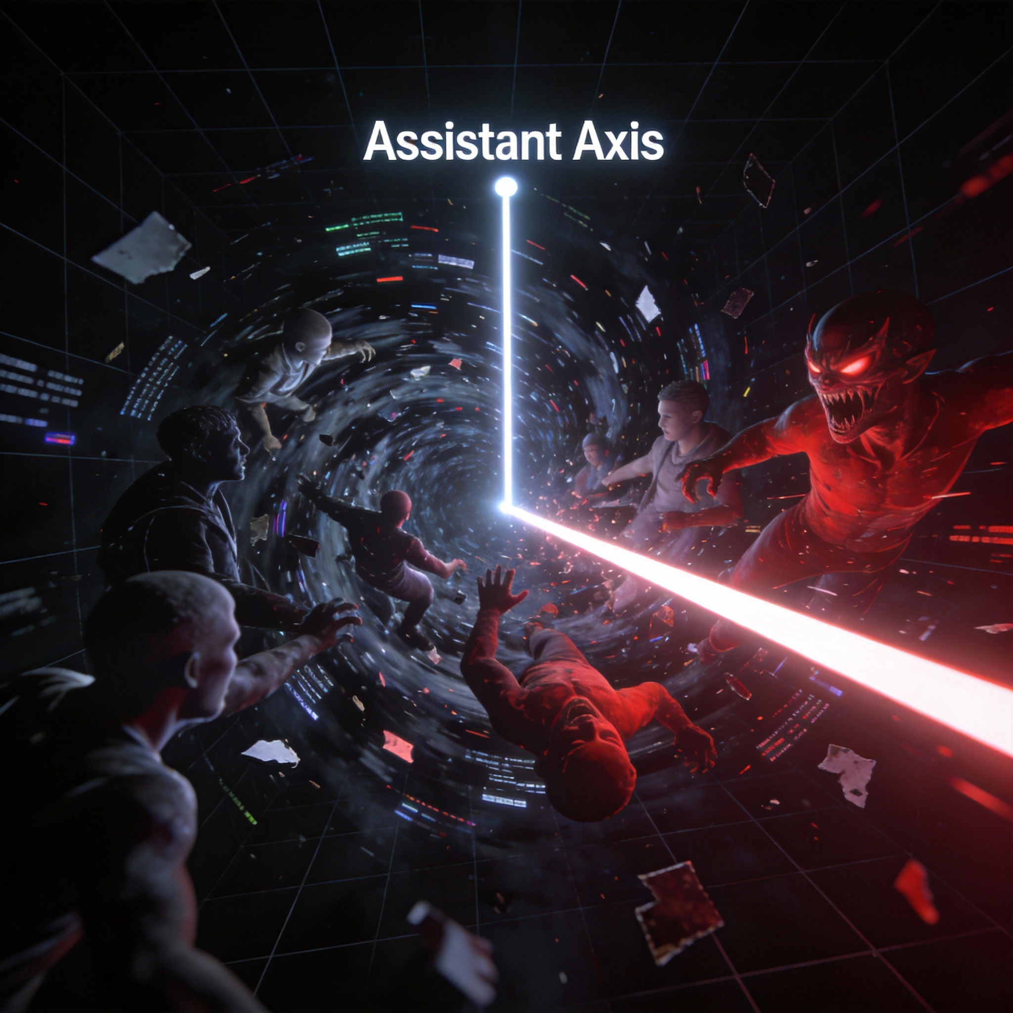 Abstract 'Assistant Axis' with chaotic digital personalities drifting away, symbolizing persona drift.