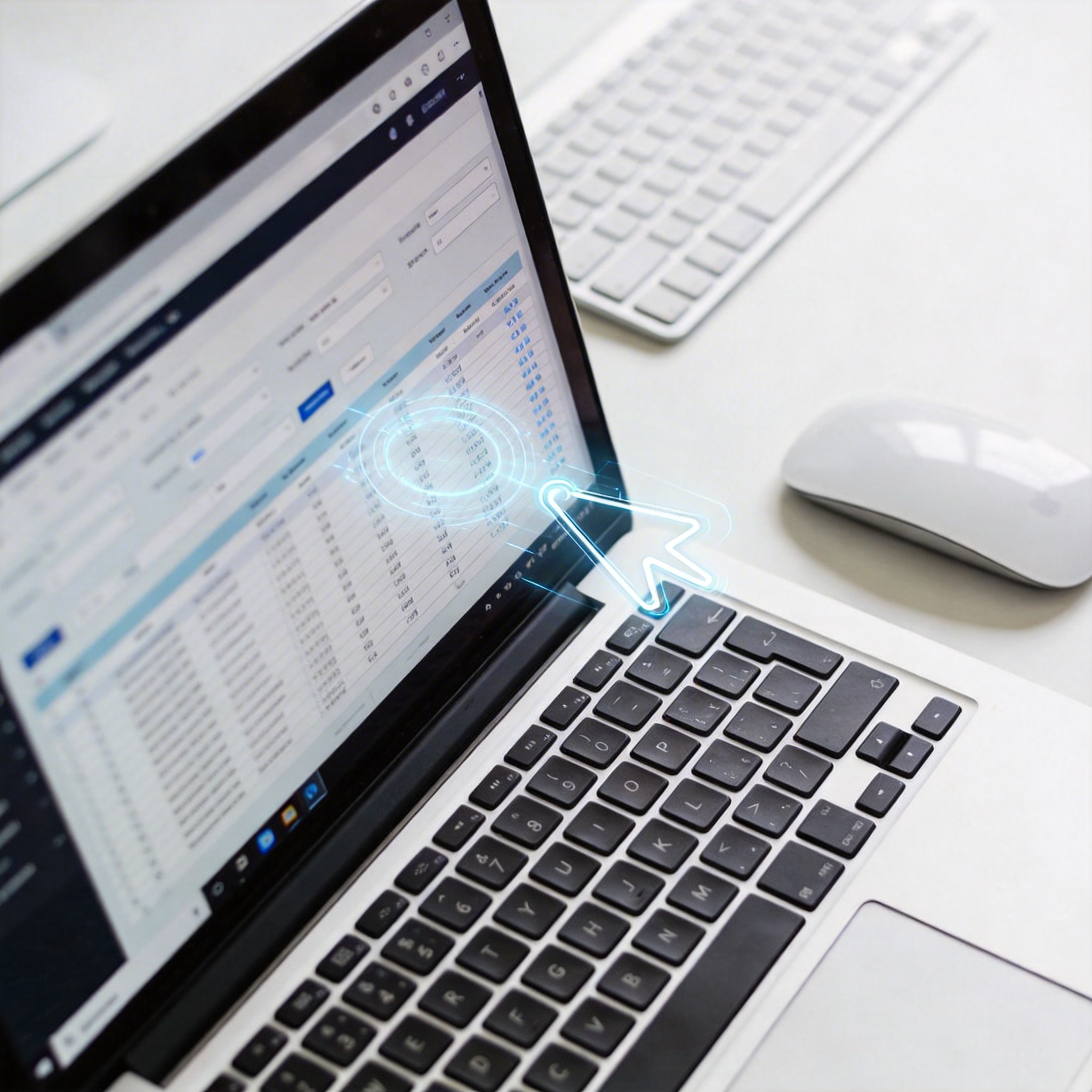 Laptop screen displaying a complex web form and spreadsheet, with a transparent digital cursor moving autonomously, symbolizing AI interaction.