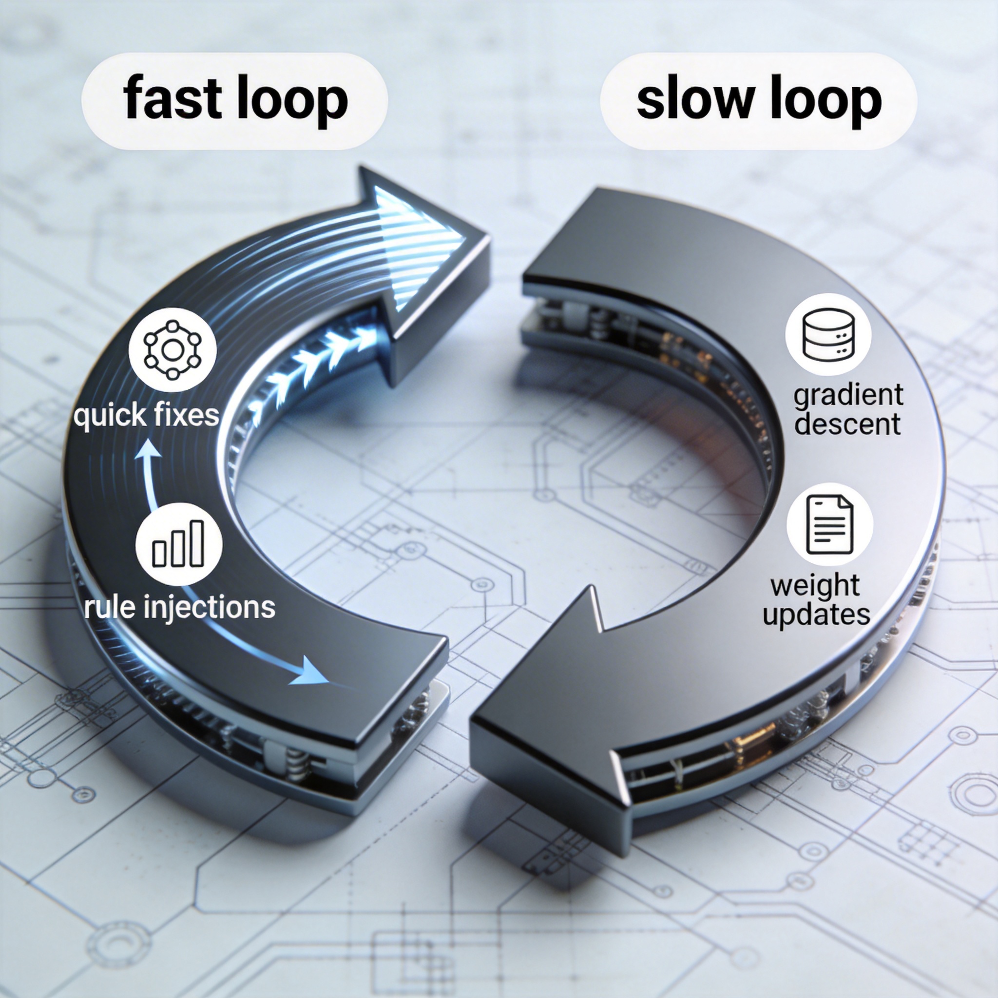 Diagram illustrating a dual-loop learning mechanism with fast and slow adaptation cycles.