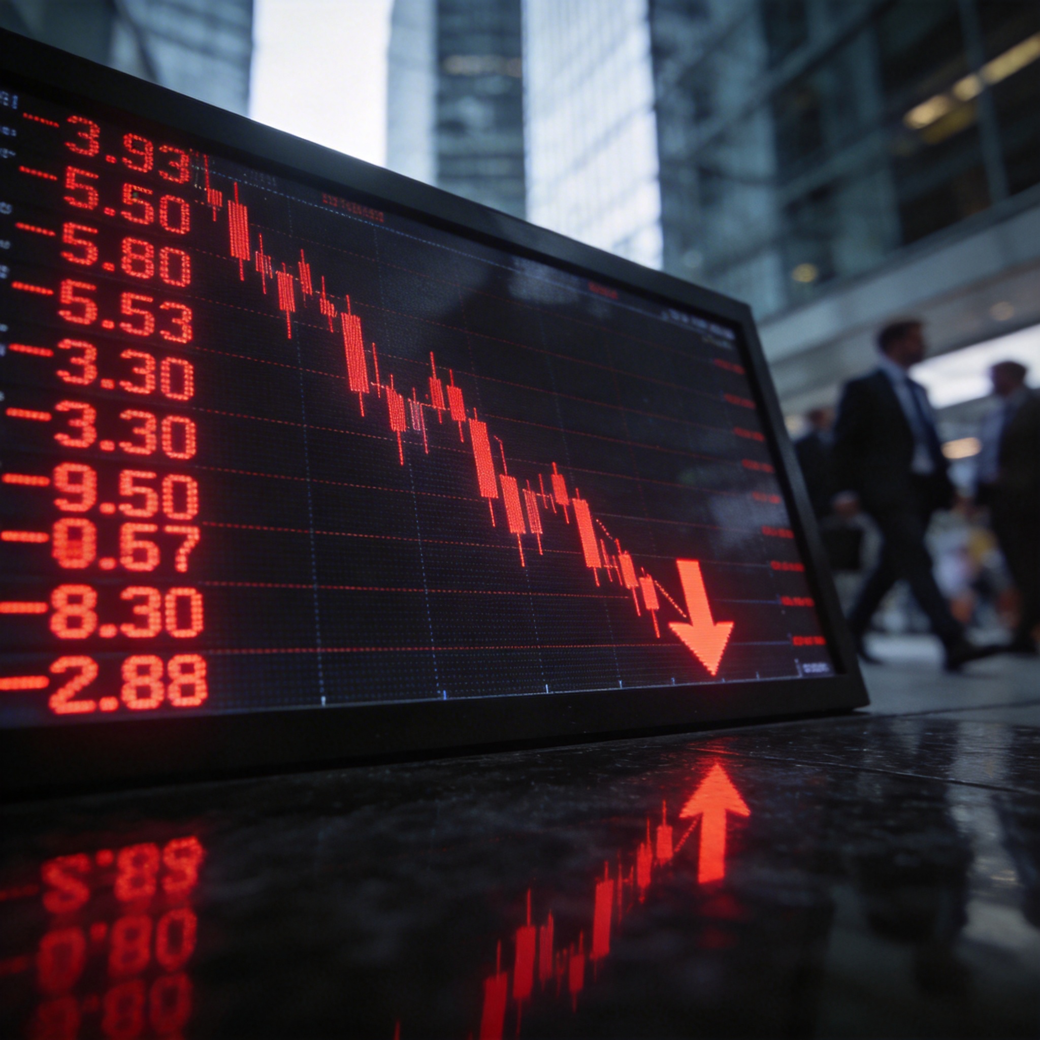 Digital stock ticker showing falling numbers, symbolizing the 'SaaSpocalypse' market downturn.