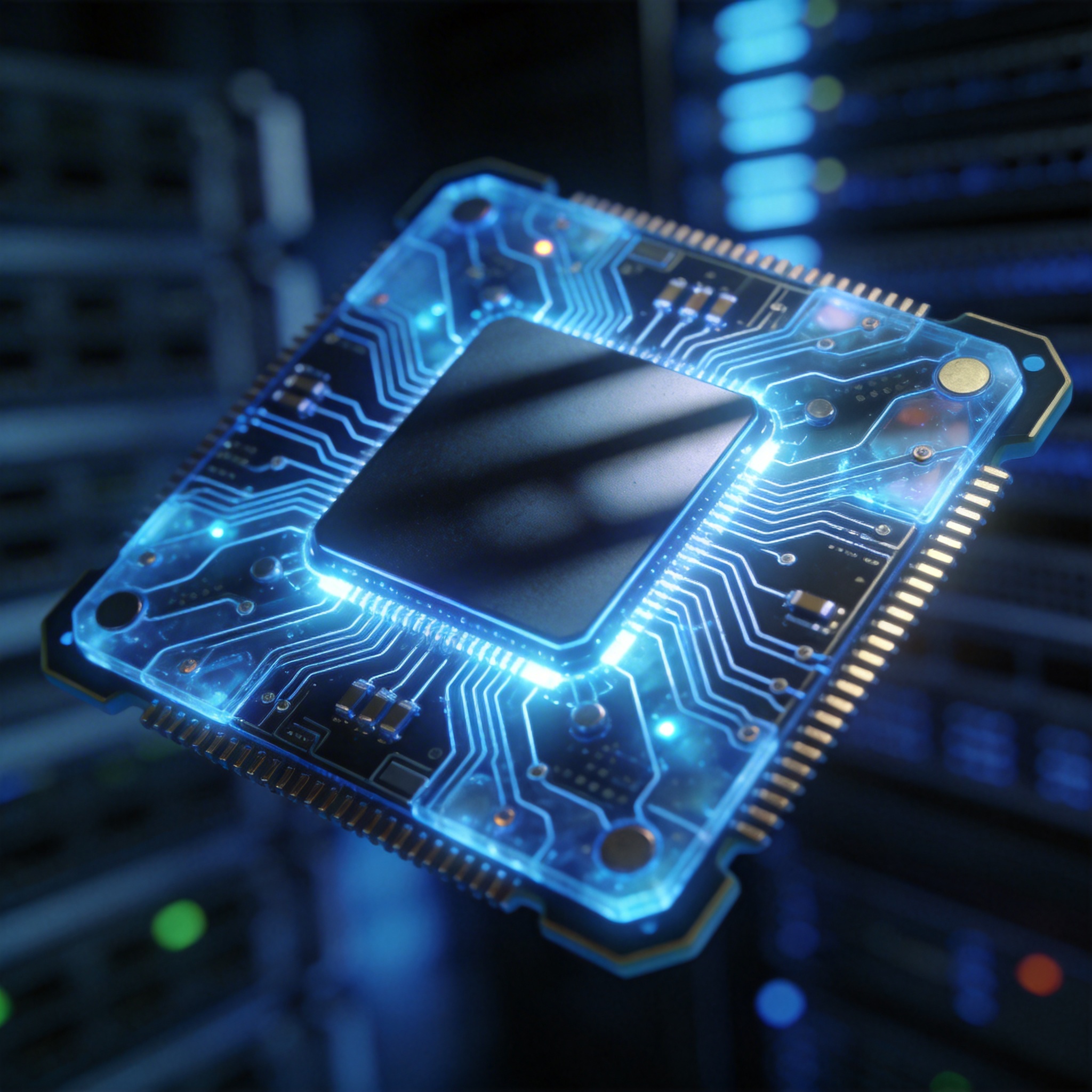 Glowing microchip, symbolizing advanced AI model processing power.