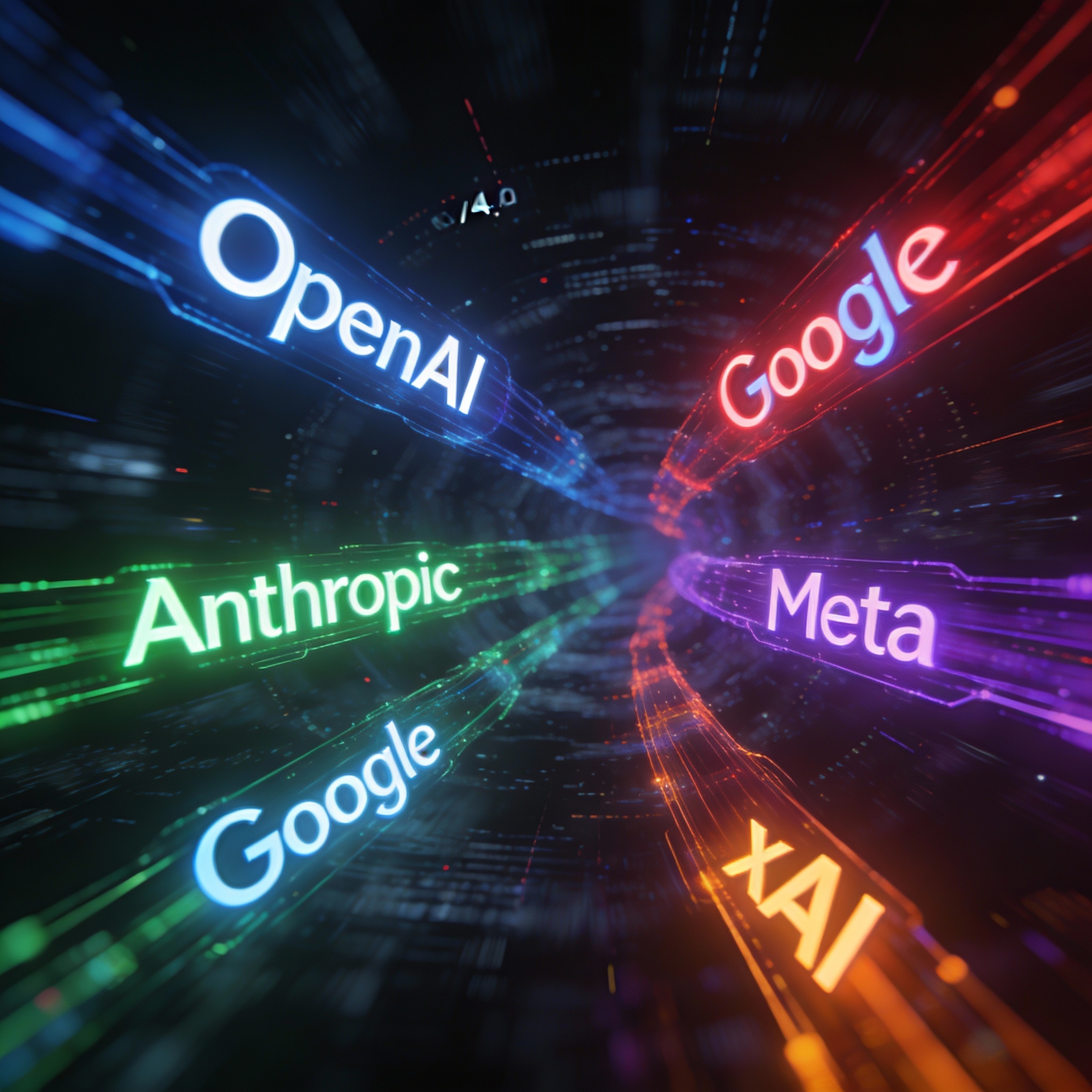 Abstract visualization of multiple AI companies competing in a dynamic digital space.