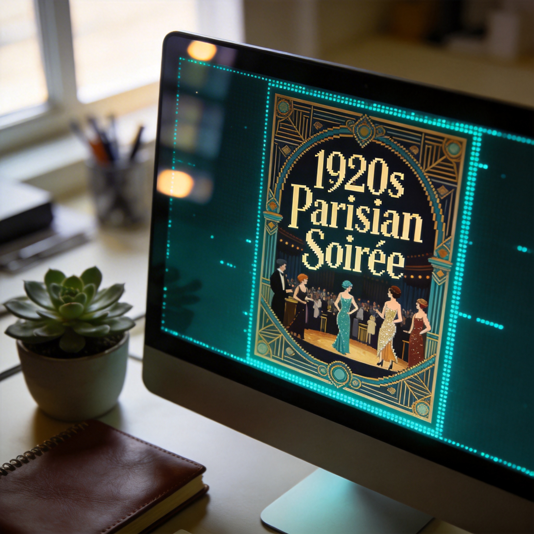 Computer screen displaying a 'pixel-perfect' AI-generated image with integrated text.