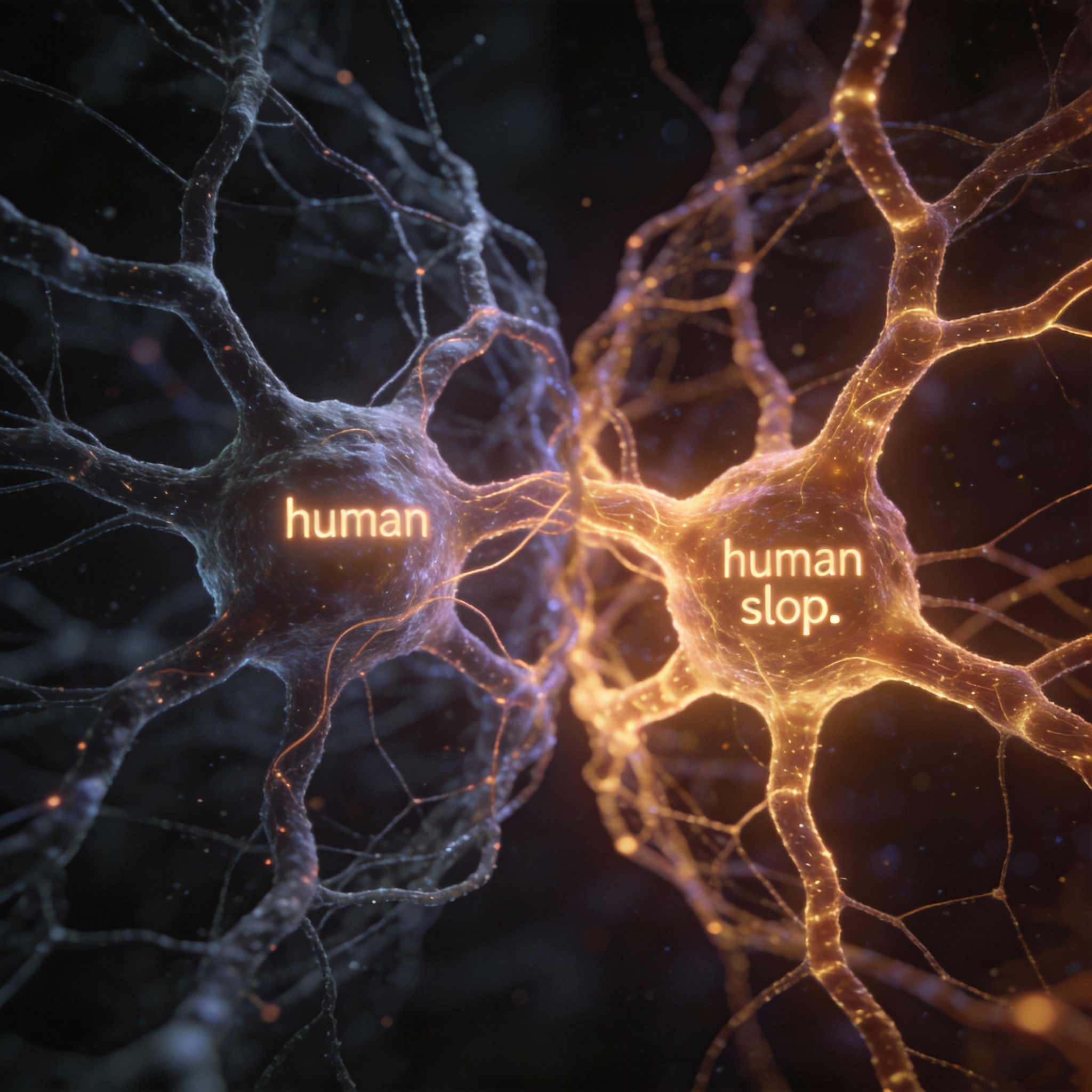 Two overlapping neural networks, one with a subtle human element, symbolizing shared data and 'human slop'.