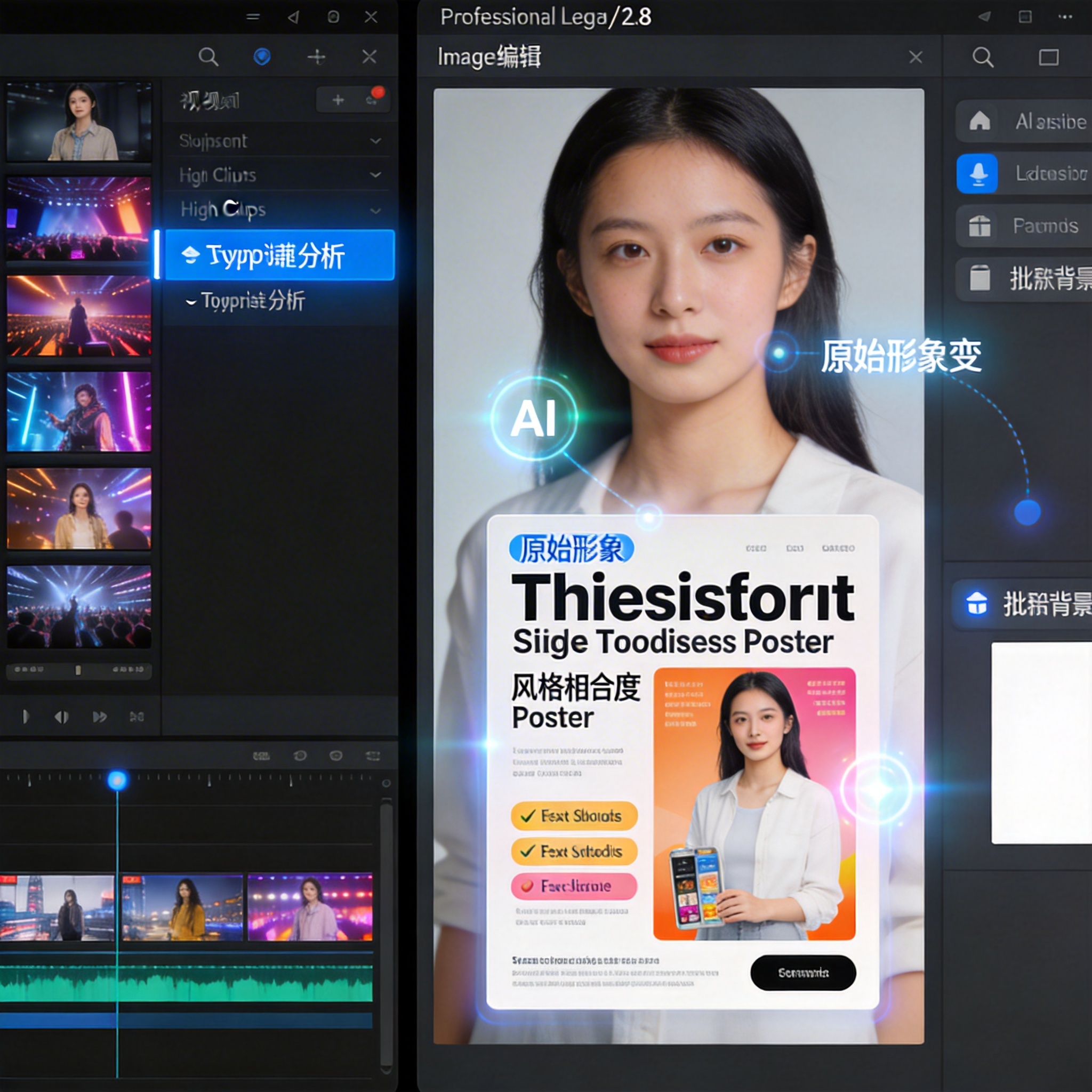 Split screen showing video segmentation with subtitle analysis and image editing for poster generation and background removal.