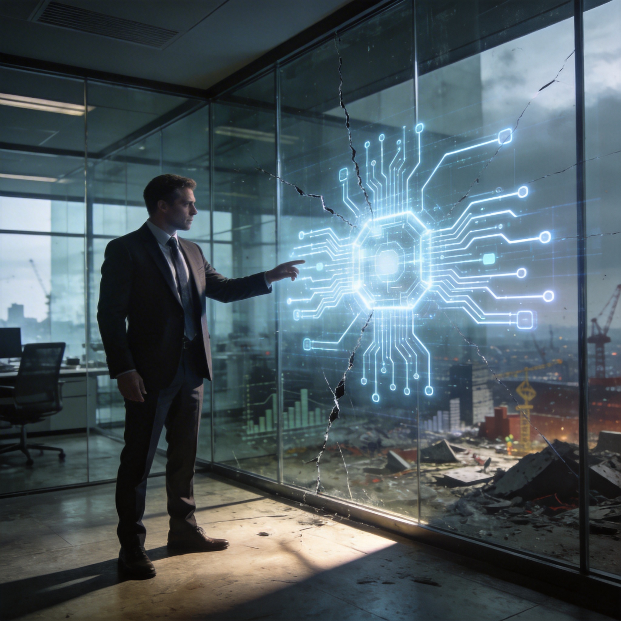 Executive presenting AI projection while cracks in the background reveal economic distress, symbolizing 'AI-washing'.