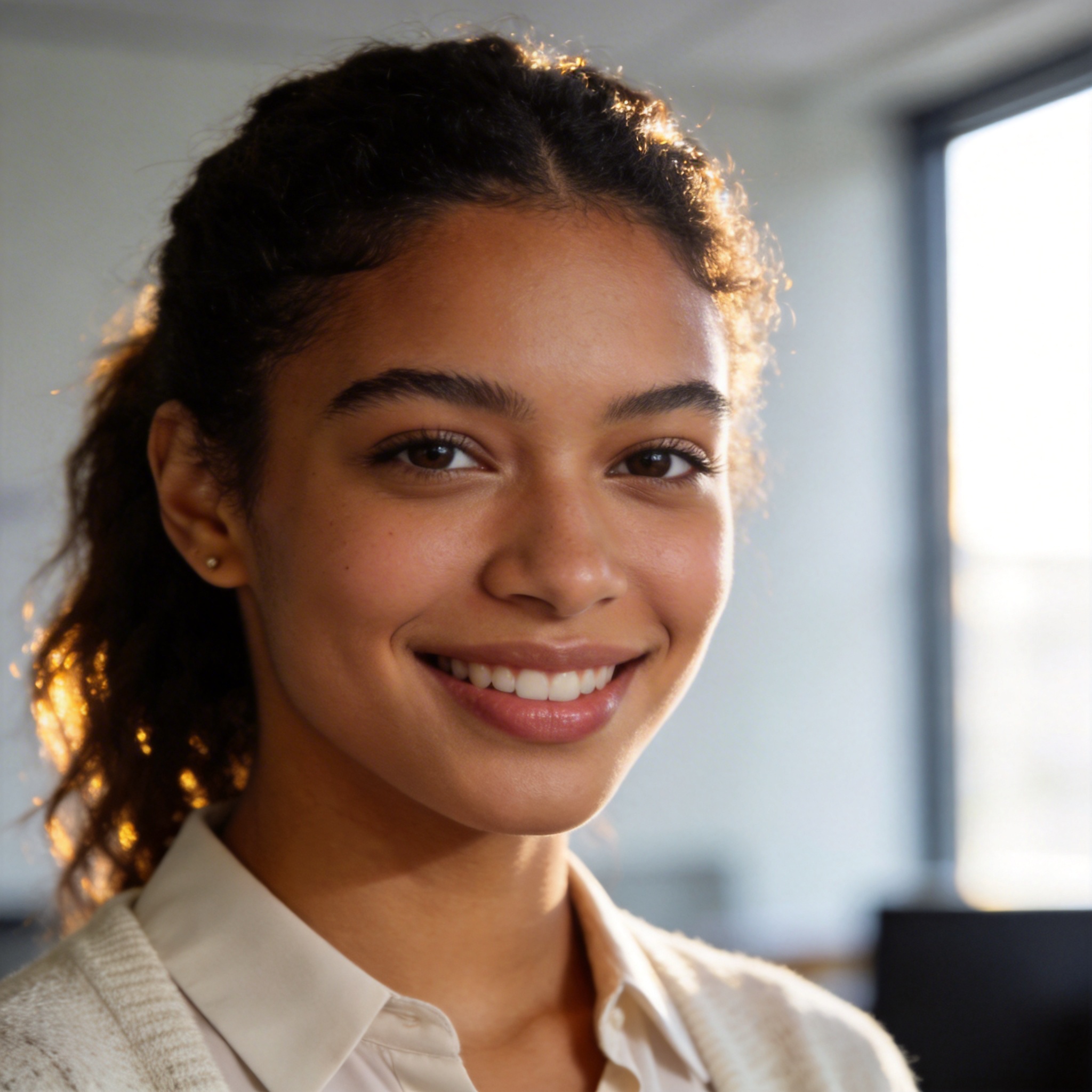 Young woman, early 20s, with a friendly expression, in a modern office setting.