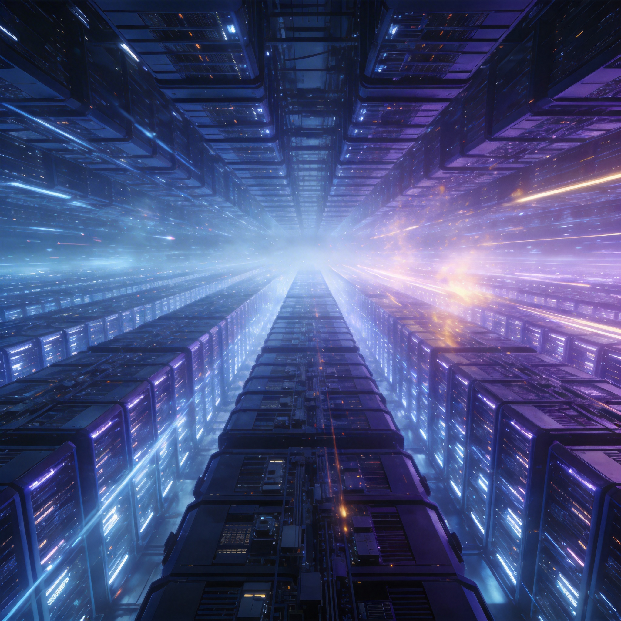 Vast, futuristic data center with glowing server racks, symbolizing immense computing power.